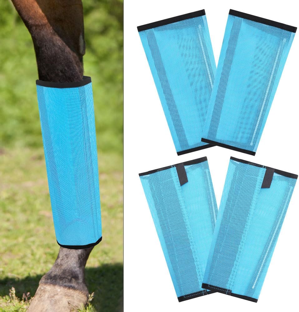 Horse Fly Boots Loose Fitting UV-Protective Fly Leggings Breathable Mesh Stay-on Design Protect Horse Legs Reduce Stomping Set of 4 (Blue)