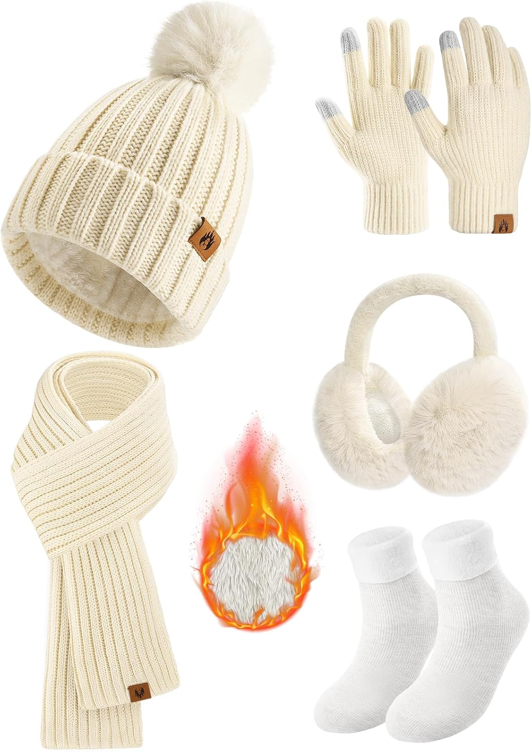 Winter Beanie Hats Scarf Touch Screen Gloves Fuzzy Socks Ear Muffs 5pcs Set for Women Winter Ski Outing Set