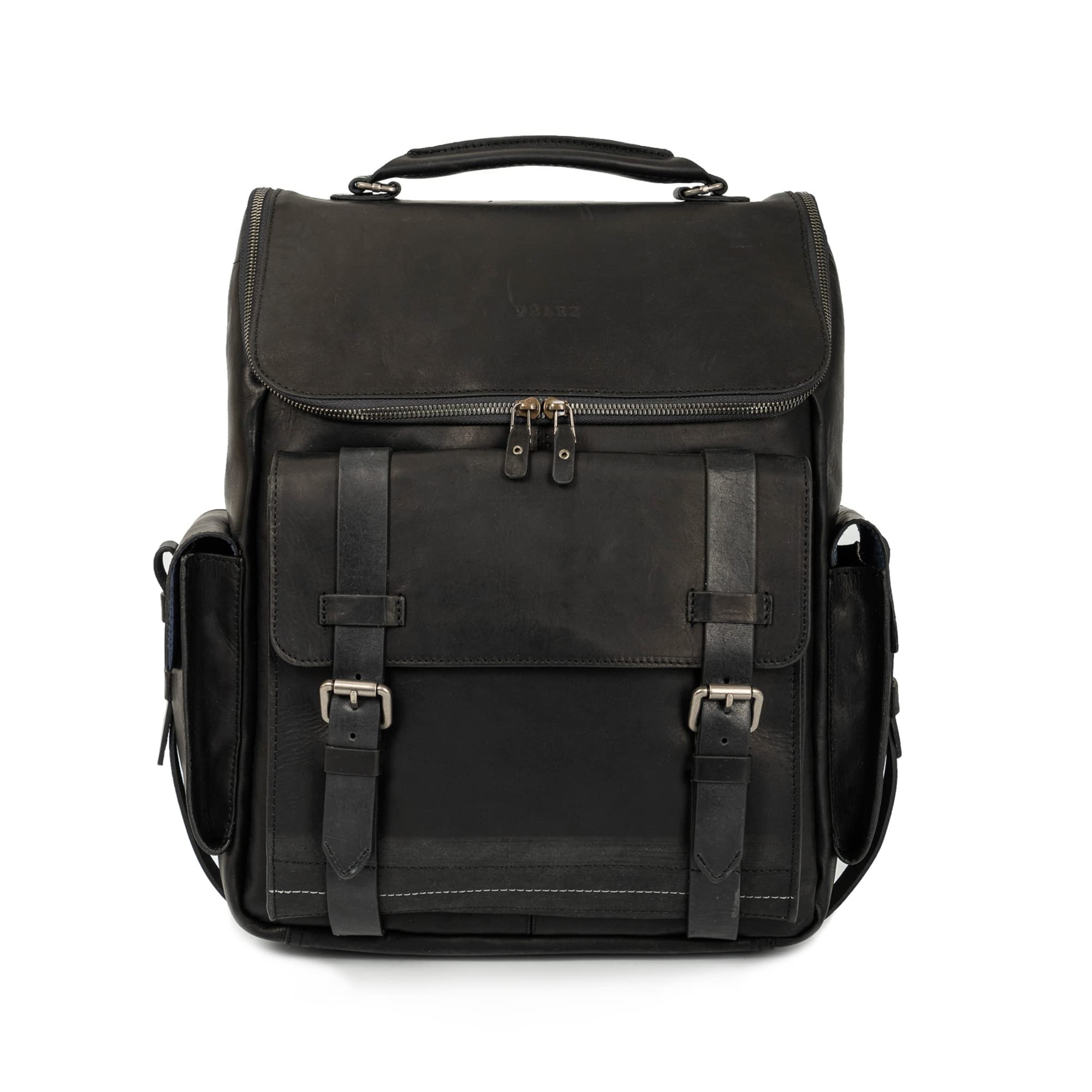 VELEZ Top Grain Leather Backpack for Men - 15 Inch Laptop Bag – Black Matte Designer Bookbag - Archaeology Vintage Travel Rucksack - Casual Daypack for Women