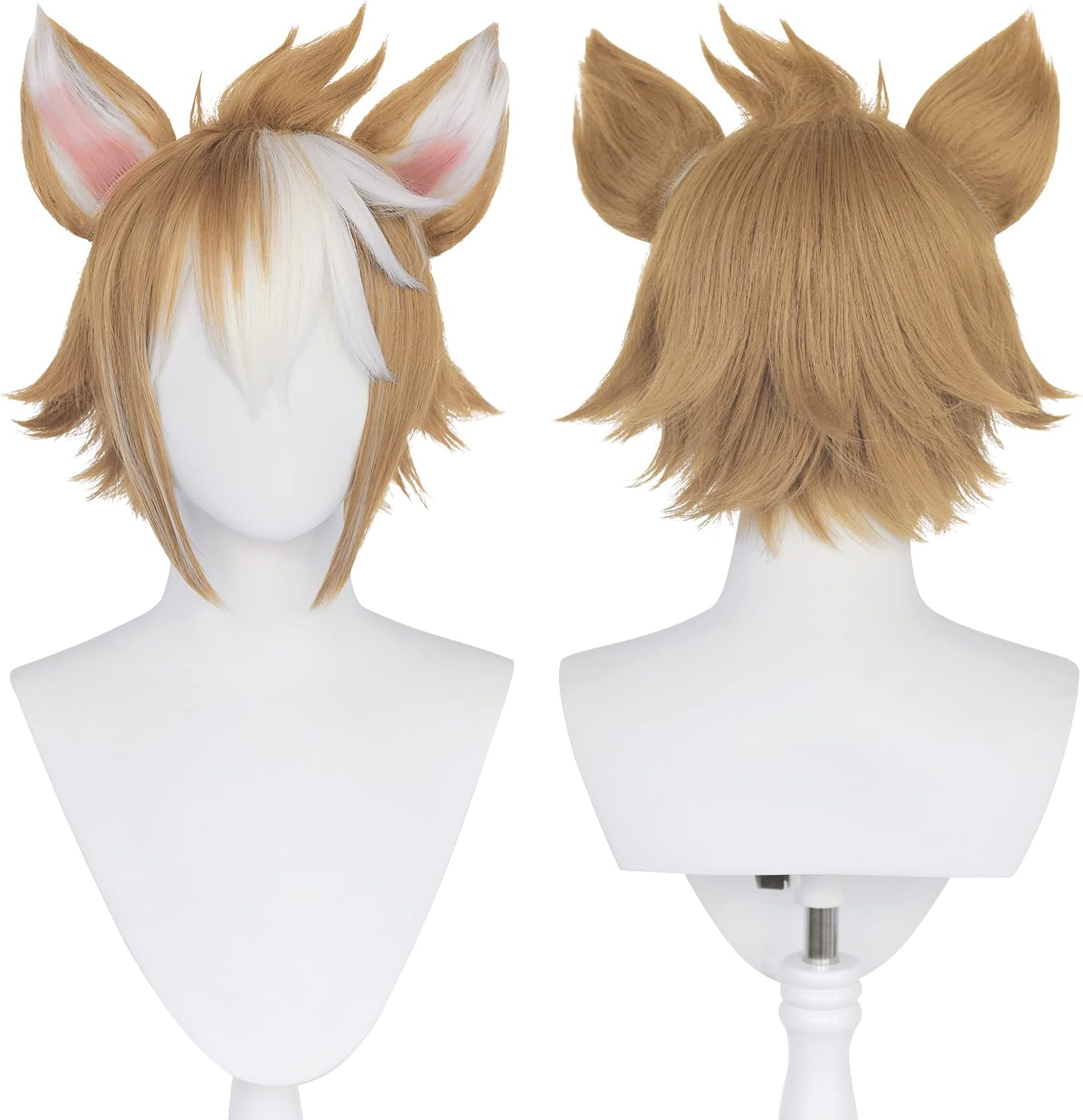 Light Brown Cosplay Wig Orange Mixed White Gradient Wigs for Men, Short Synthetic Cosplay Wig with Horns