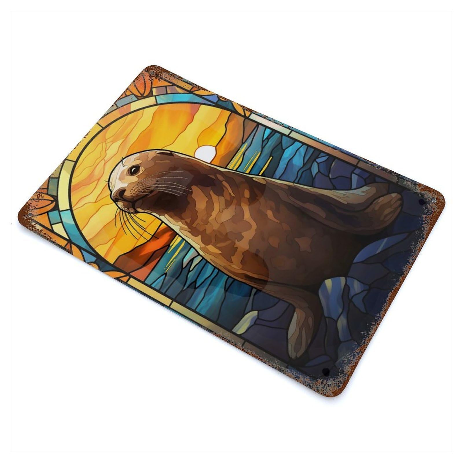 Distressed Metal Wall Sign Seal Stained Glass 11.8"x7.9", Vintage Wall Decor for Garage, Bar And Workshop Decor