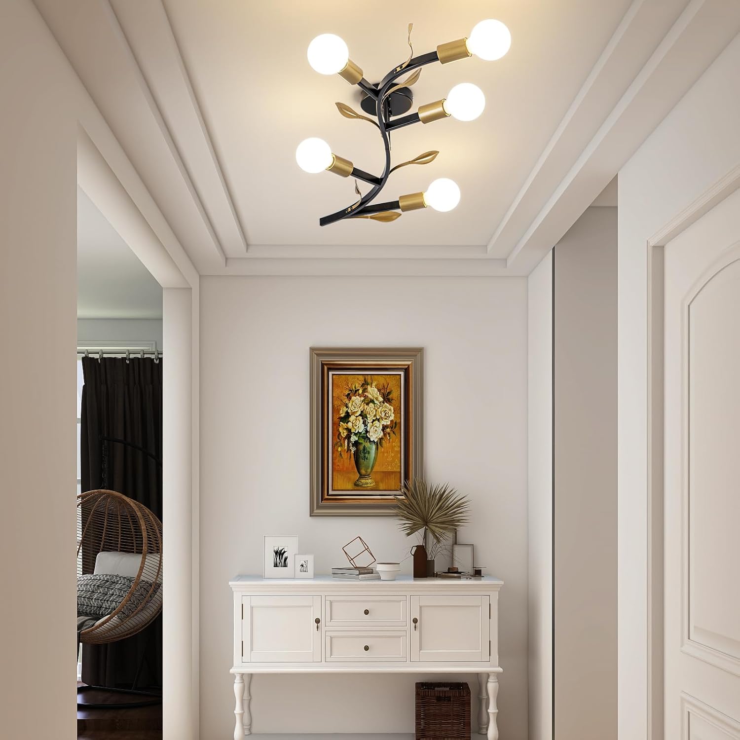 Modern Sputnik Ceiling Light Fixture,5-Lights Black and Gold Sputnik Chandeliers, Industrial Metal Semi Flush Mount Ceiling Light Fixture for Bedroom Hallway Entryway Kitchen
