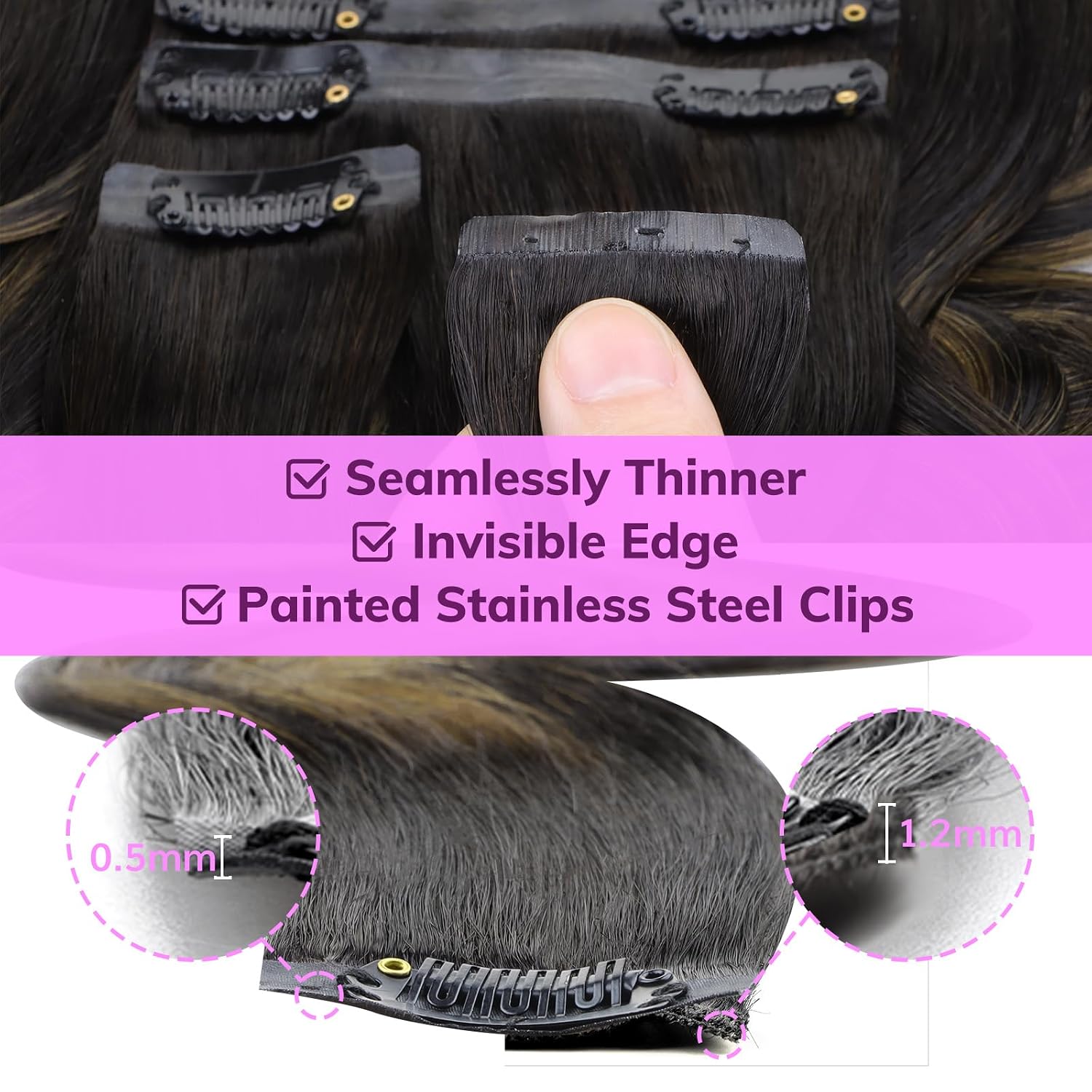 IDN BEAUTY Seamless Clip In Hair Extensions Human Hair, Body Wave 14 Inch 110g 7pcs, 1B/6/1B Balayage Natural Black to Chestnut Brown Remy Hair Seamless Clip Ins For Black Women PU Invisible Edge