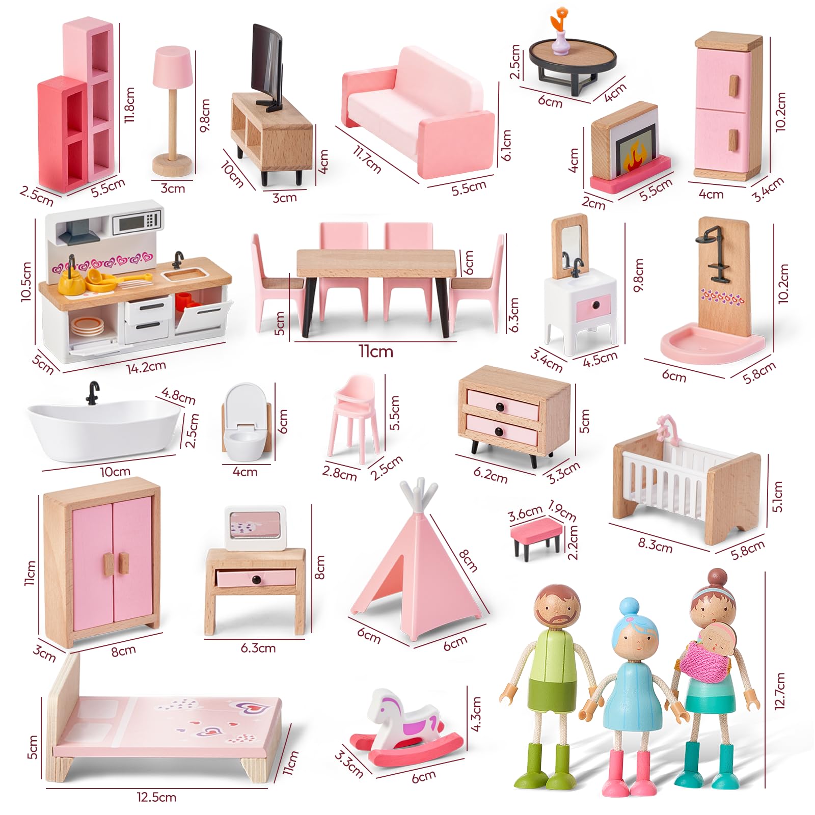Giant bean Set di mobili per casa delle bambole in legno con bambole per 5 stanze, accessori per casa delle bambole rosa in legno e plastica, 36 pezzi, giocattoli per giochi di Natale, regalo di