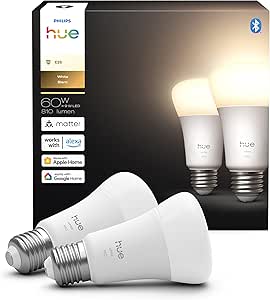 Philips Hue Smart LED A19 Bulb, Warm White Light 2700K, E26 Base, 9W, 810 Lumens, Dimmable, Works with Alexa, Google Assistant, and Apple Home, 2 Pack