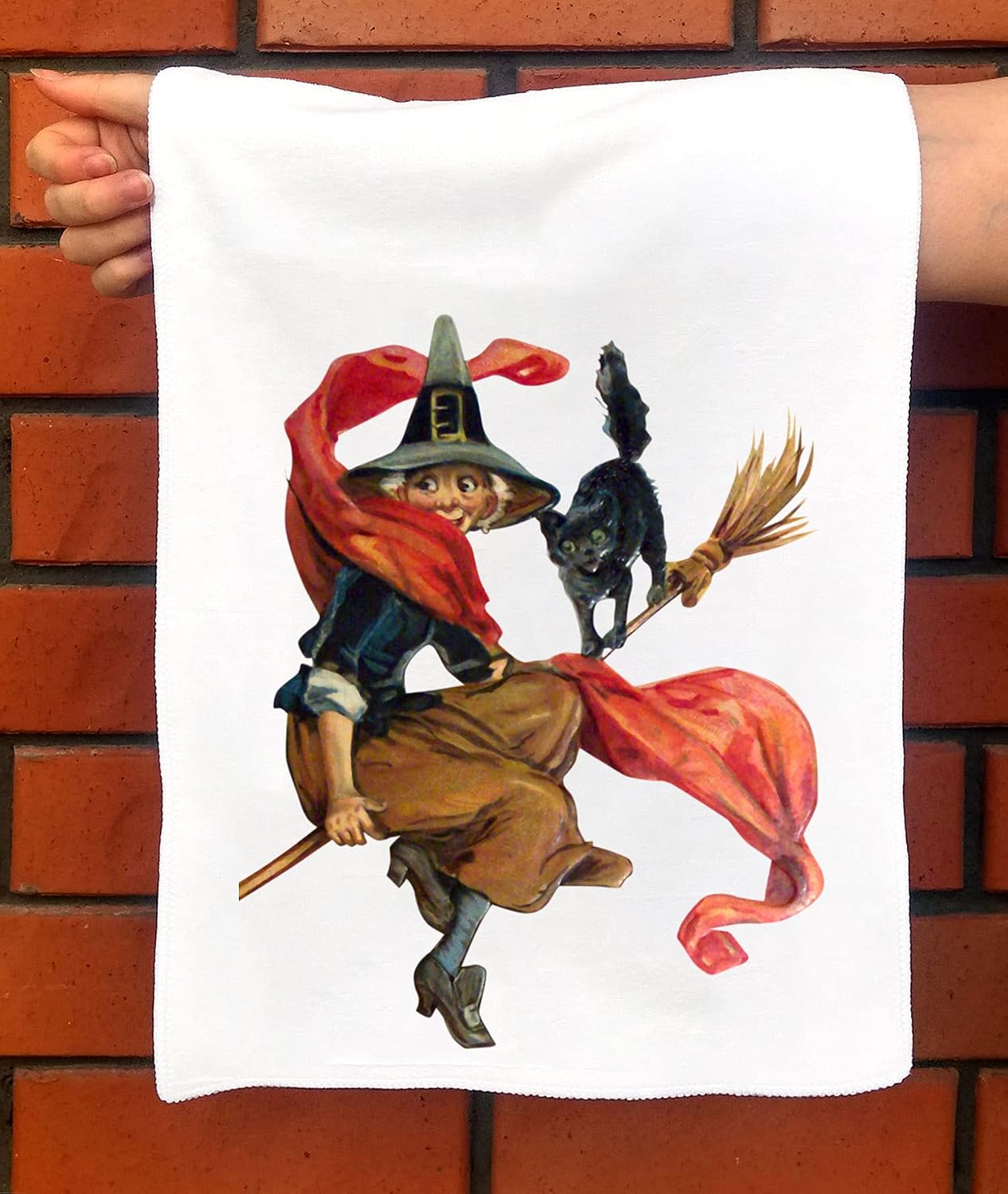 Hand Towel * Halloween * Cute Scary Witch on Broom with Black Cat * Vintage Cards Poster Illustration * Microfibre Towel 12"x25"