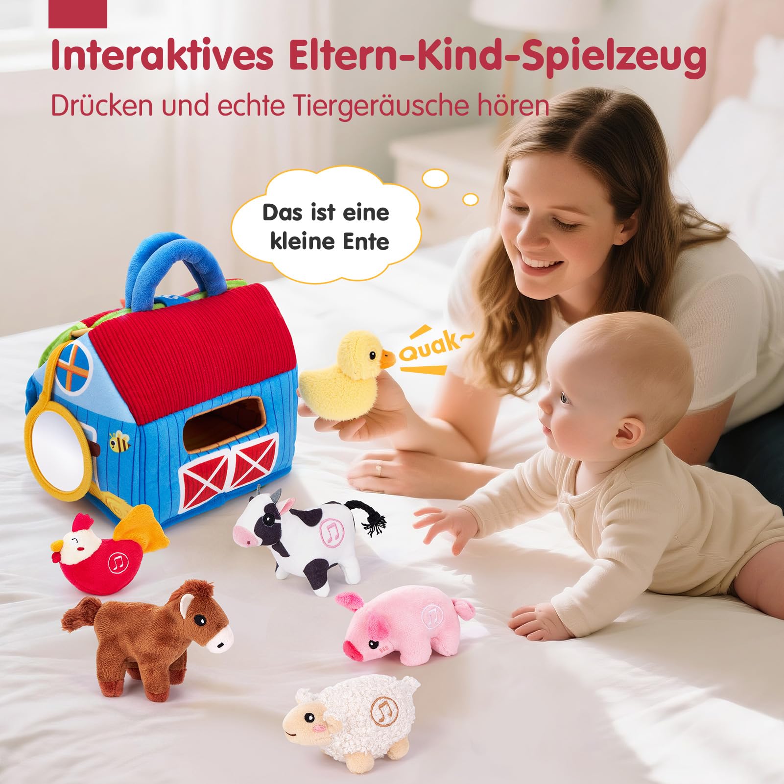 hahaland Bauernhof Baby Spielzeug 6 Monate mit 2-in-1 Scheunen & Spielmatten,6 Sensorik Plüschtiere mit Tiergeräuschen & Spricht Englische Tiernamen,Montessori Spielzeug Baby Geschenk ab 6-12 Monate