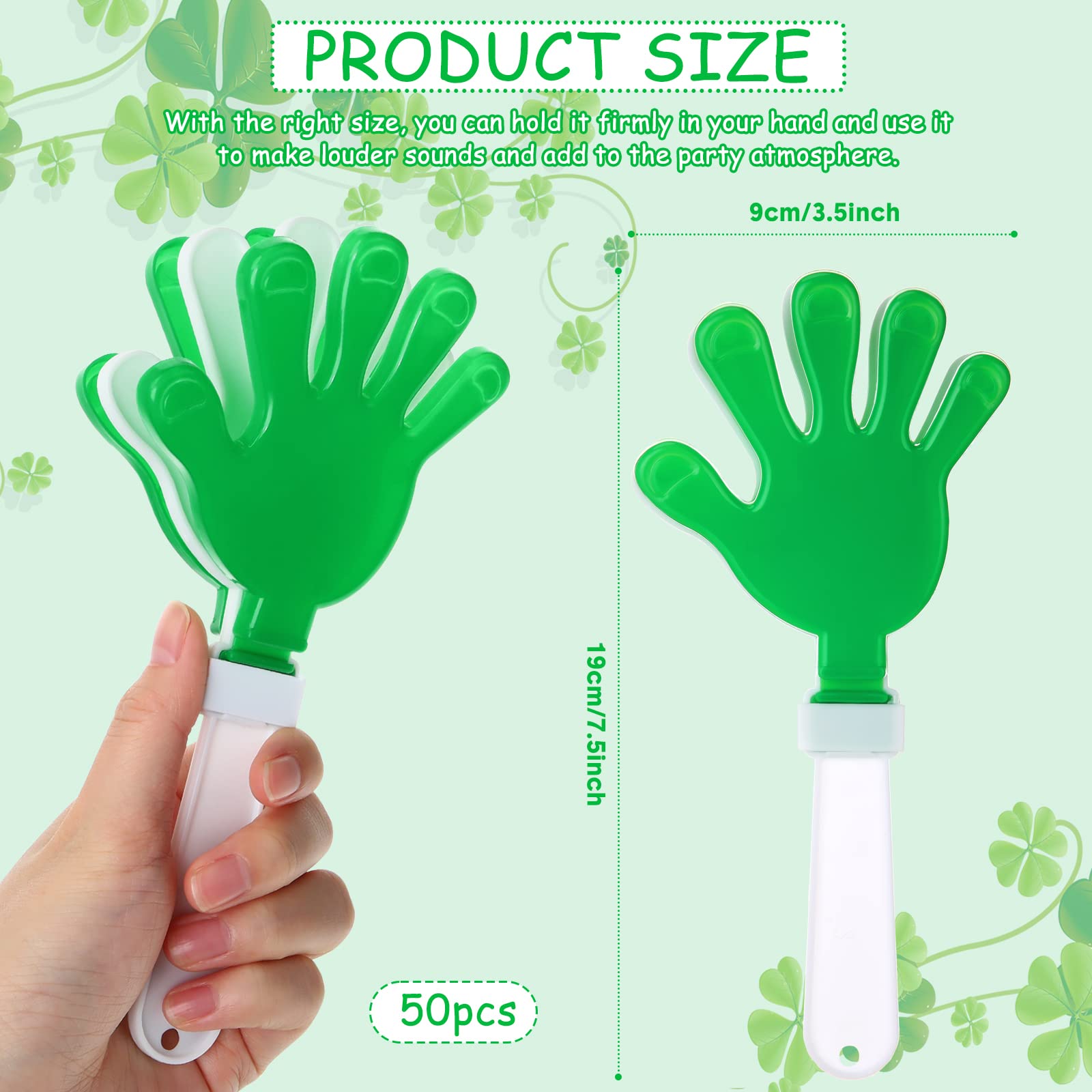50 Pcs 7.5 Inch Green/White Hand Clapper Plastic Noise Makers for Sporting Events St. Patrick's Party Hand Clappers Noisemakers for St. Patrick's Day Party Favors Birthday Sports Game Celebration
