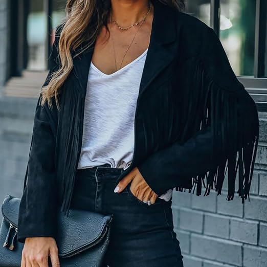 Giacca In Pelle Donna Con Frange, Stile Cowgirl Western, Nappa Lunghe Maniche, Giubbotto Motociclista Per Autunno Inverno