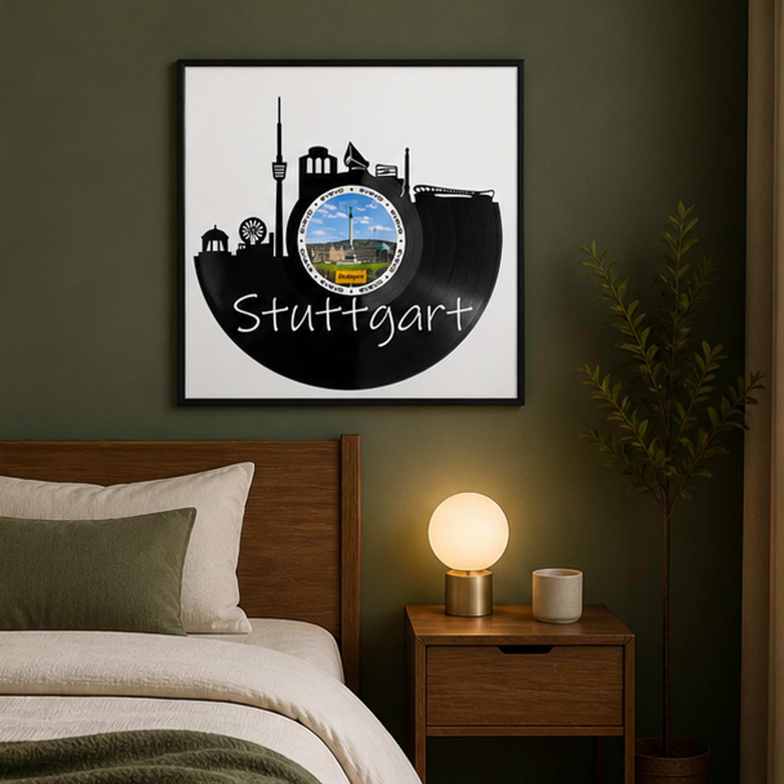 EVEVO Decorazione da parete a forma di disco in vinile, con cornice, 32 x 32 cm, Stoccarda, arte da parete in vinile, con skyline metropoli, regalo per gli appassionati di Stoccarda