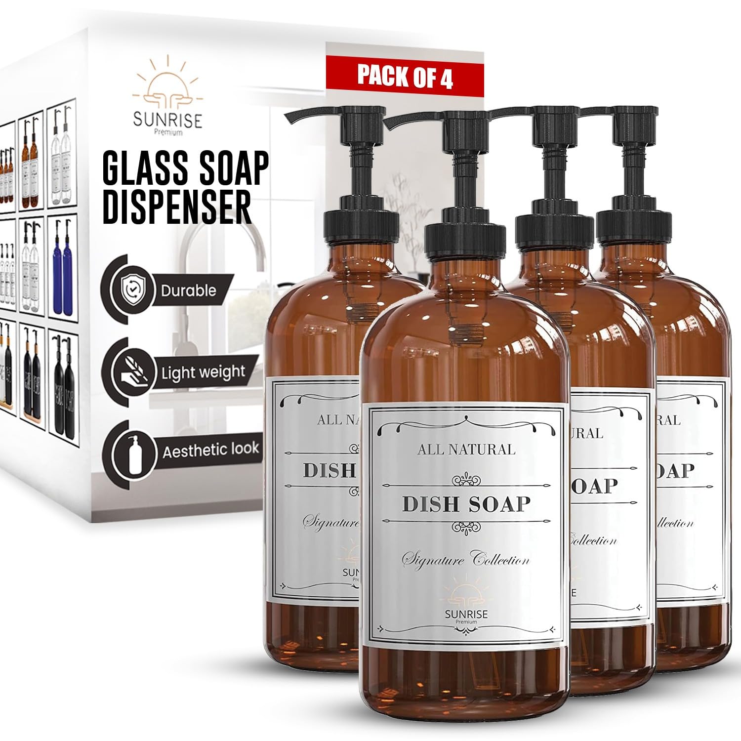 Sunrise Premium Amber Glass Soap Dispenser with Pump, 4 Pack