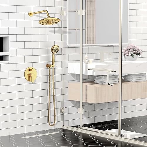 Miniatura 98 de SR SUN RISE Sistema de ducha – Sistema de cabezal de ducha de alta presión de 12 pulgadas – 6 ajustes de cabezal de ducha de mano – Juego de grifo