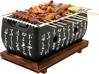 Japanese Style BBQ Grill, Rectangular Furnace, yakitori grill charcoal with Wire Mesh Wooden Base, Portable Japanese Barbecue Alcohol Stove for Outdoor Barbecue