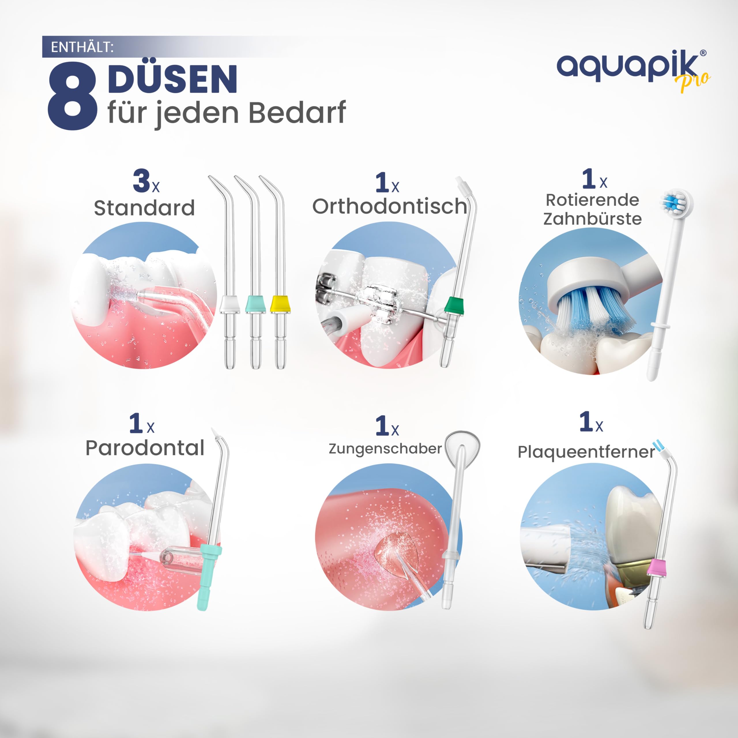 Aquapik PRO Munddusche 600 ml 10 Druckstufen 8 Aufsätze mit Precision Pulse.