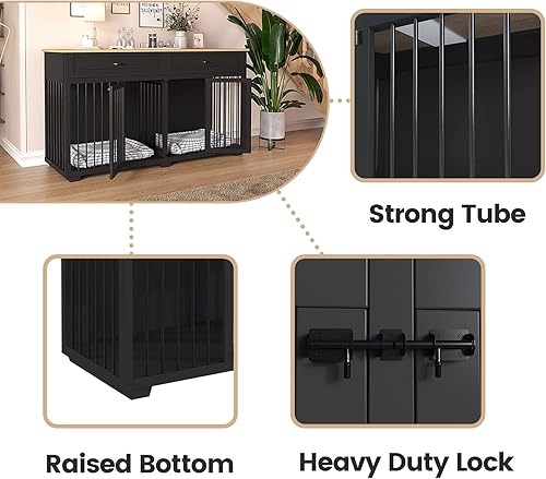 Miniatura 4 de Muebles grandes para perros, jaula de madera resistente para perros de 72 pulgadas con habitaciones dobles, 2 cajones y un divisor para razas