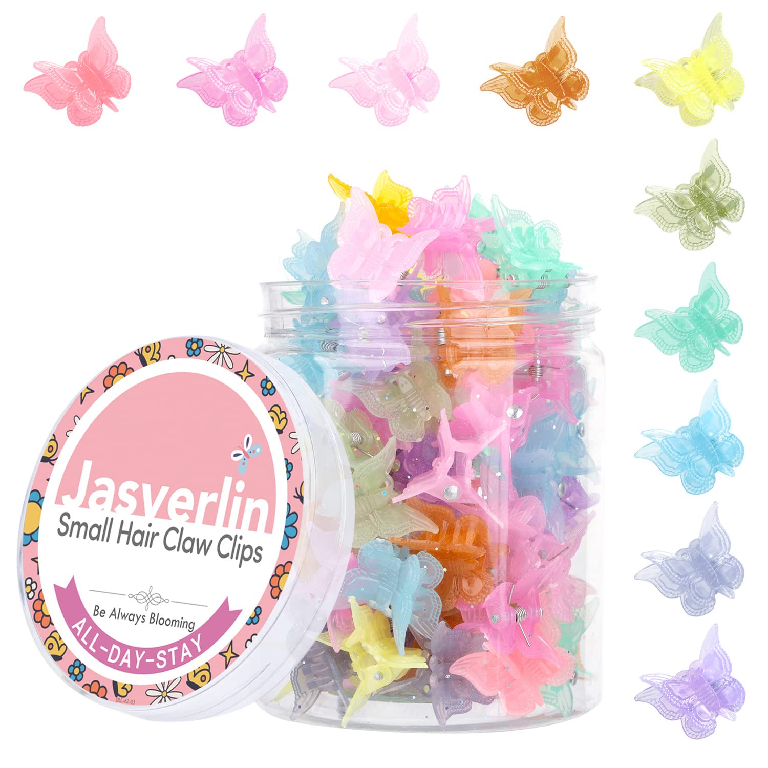 JASVERLIN Butterfly Clips for Hair 50pcs, Cute Mini Small Hair Accessories for Kids Girls Women 90s Y2K Colorful Pastel Clip Claw, 10 Colors (Jelly)