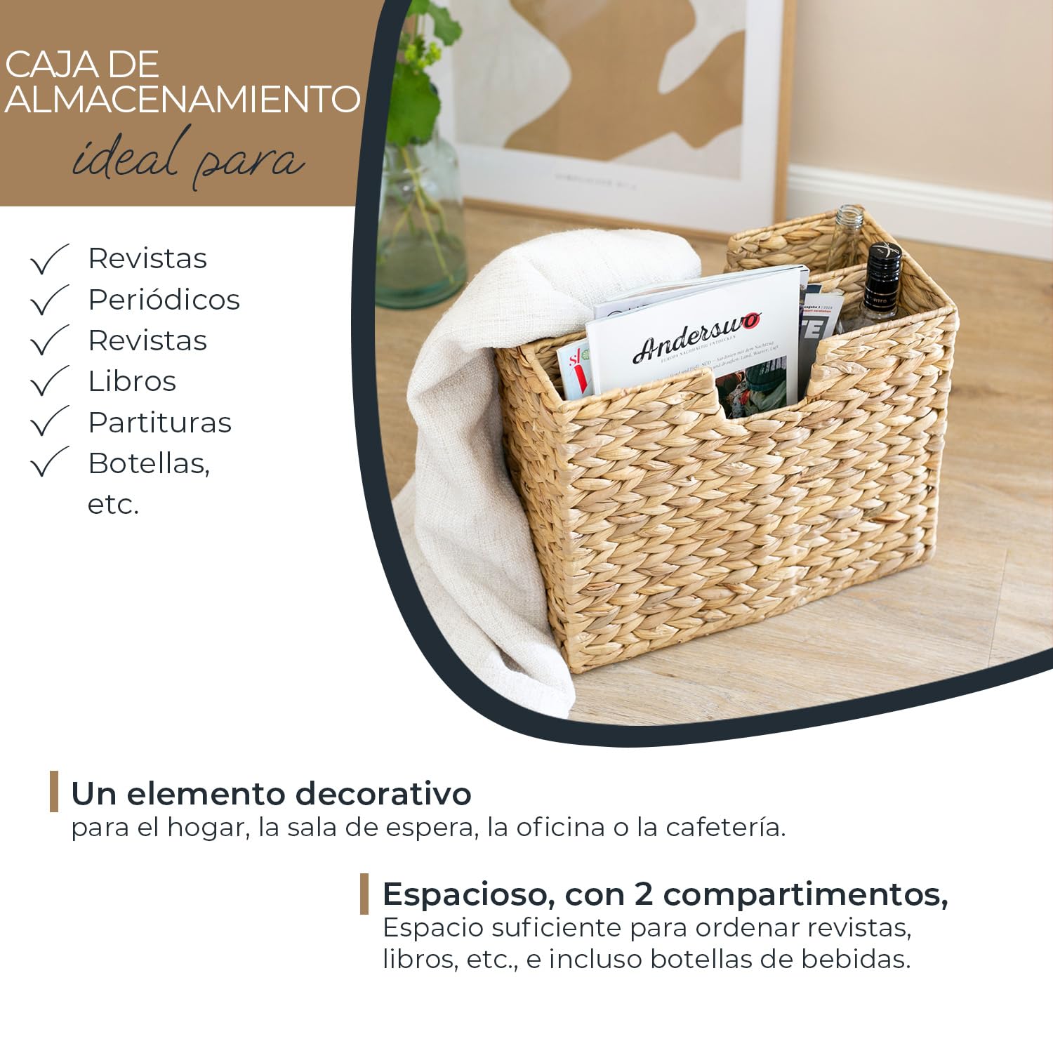 HMF Revistero trenzado de jacinto de agua, 40 x 20 x 33 cm, 2 compartimentos