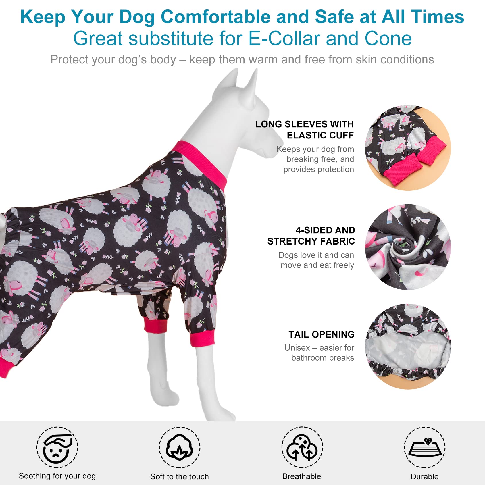 LovinPet Beruhigender Hundepyjama – Anti-Leck Overall, Eukalyptus-Druck, Für Große Rassen (M, L, XL)
