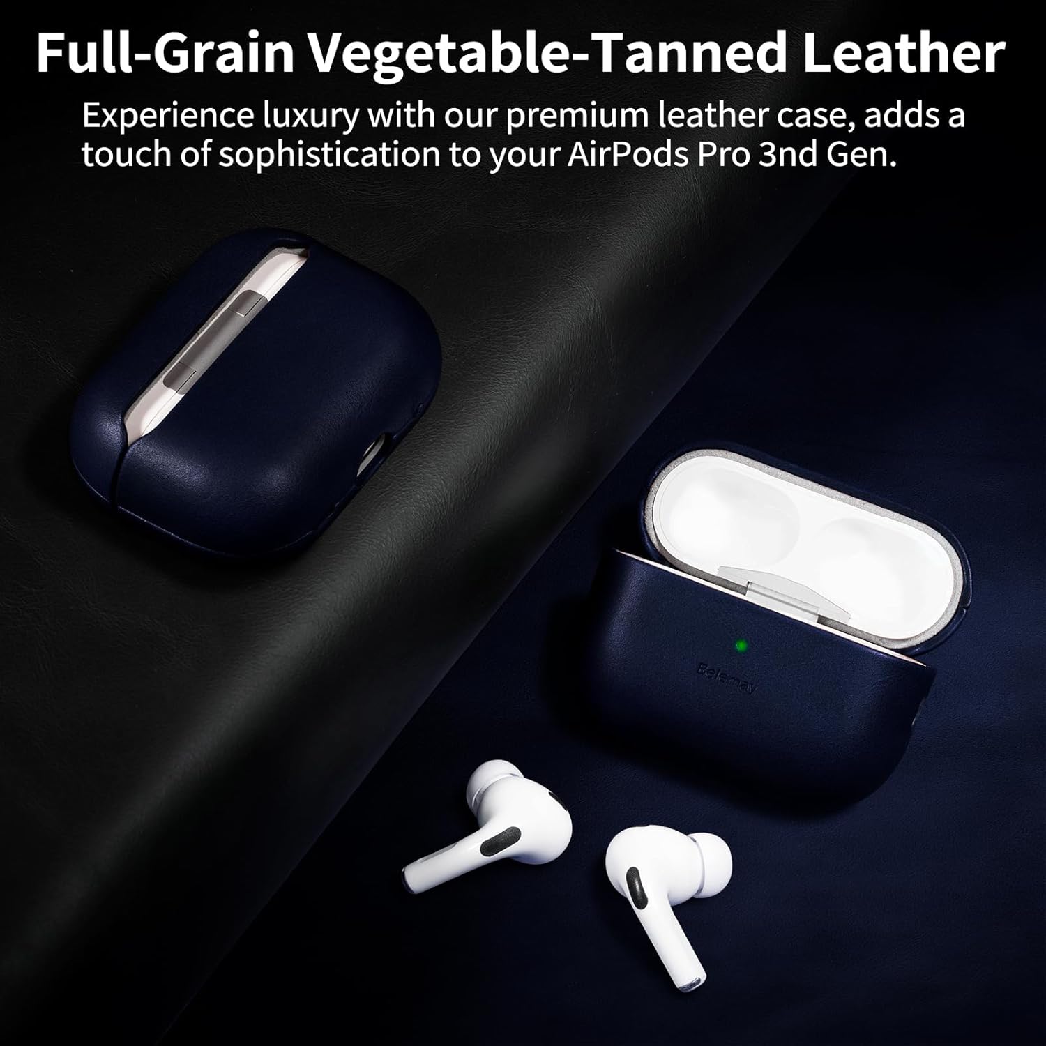 Belemay Handcrafted Full-Grain Vegetable-Tanned Leather Case for AirPods Pro 3rd Gen (2025), Classy Two-Tone Effect, Natural Patina, Compatible with MagSafe, Compatible with Airpods Pro 3, Navy Blue