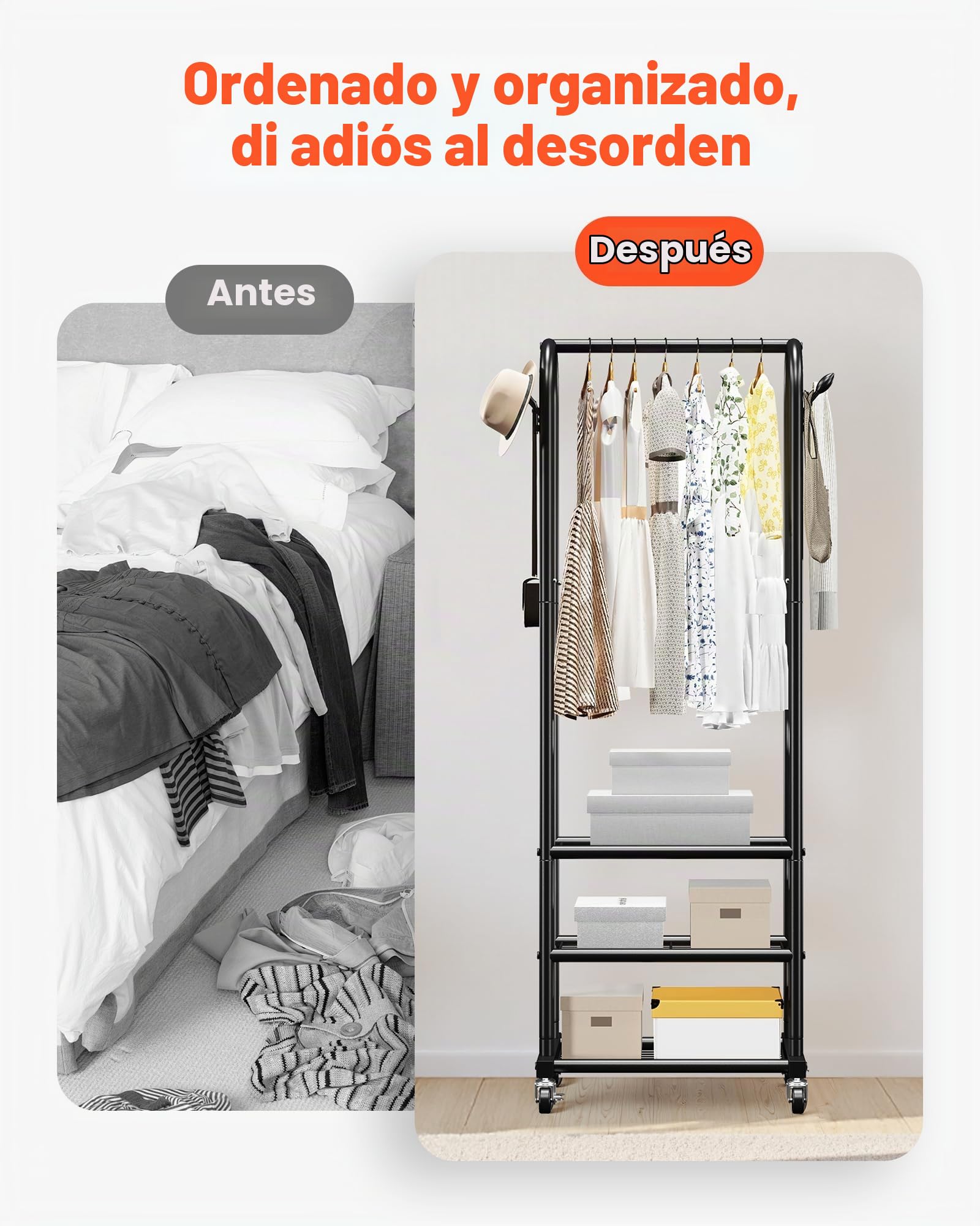 VEVOR Perchero Burro para Ropa con 3 Estantes y Ganchos Laterales, Barra para Colgar, Burro de Ropa con Ruedas, Carga de 45 kg de Acero al Carbono, para Dormitorio, Lavandería, Sala de Estar