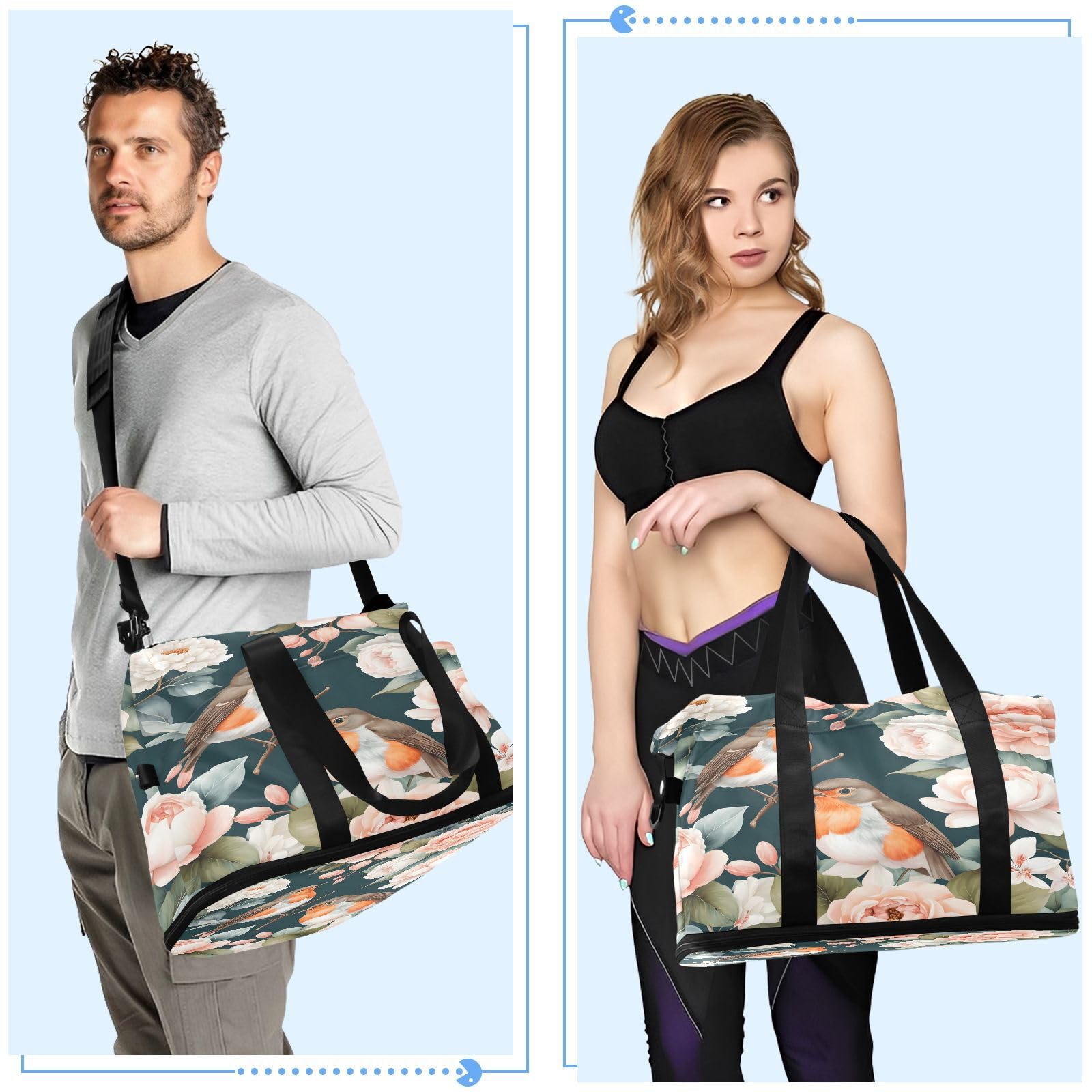 Borsa sportiva da palestra per uomini e donne, con pettirosso, pesca, rose, fiori, borsone da viaggio con scomparto per scarpe pieghevole, borsa da yoga per ragazzi e ragazze, borsa per la