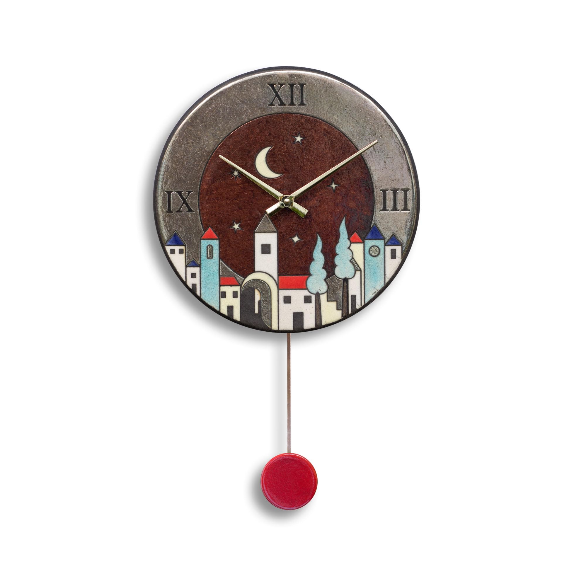 Horloge murale en céramique Raku MOLISH pendule ronde rouge paysage lune
