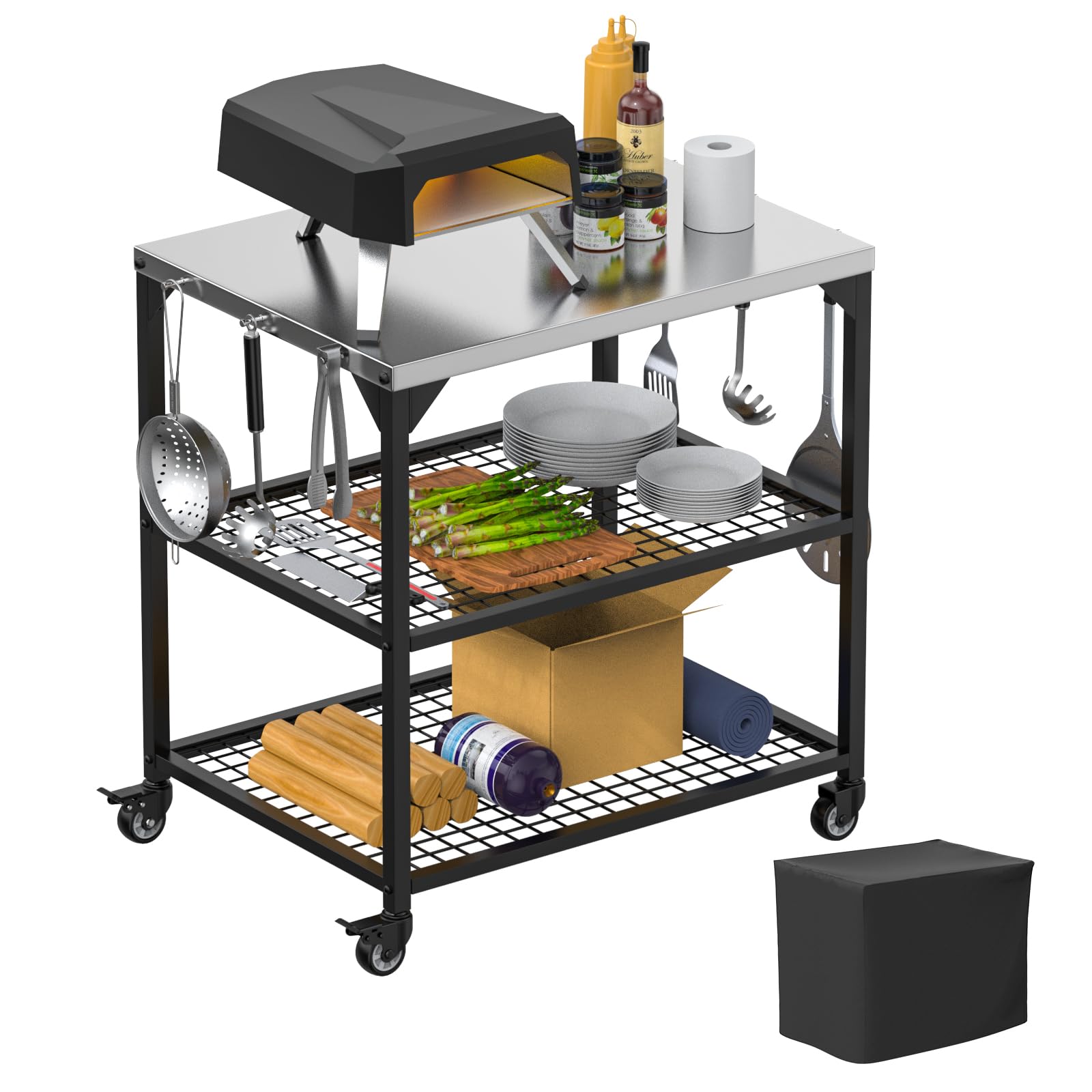 Outdoor Grill Cart,Pizza Oven Table with 4 Wheels,Three-Shelf Movable Dining Cart Table,BBQ Food Prep Work Table,Stainless Steel Flattop Grill Stand for Kitchen Backyard, with Waterproof Cover