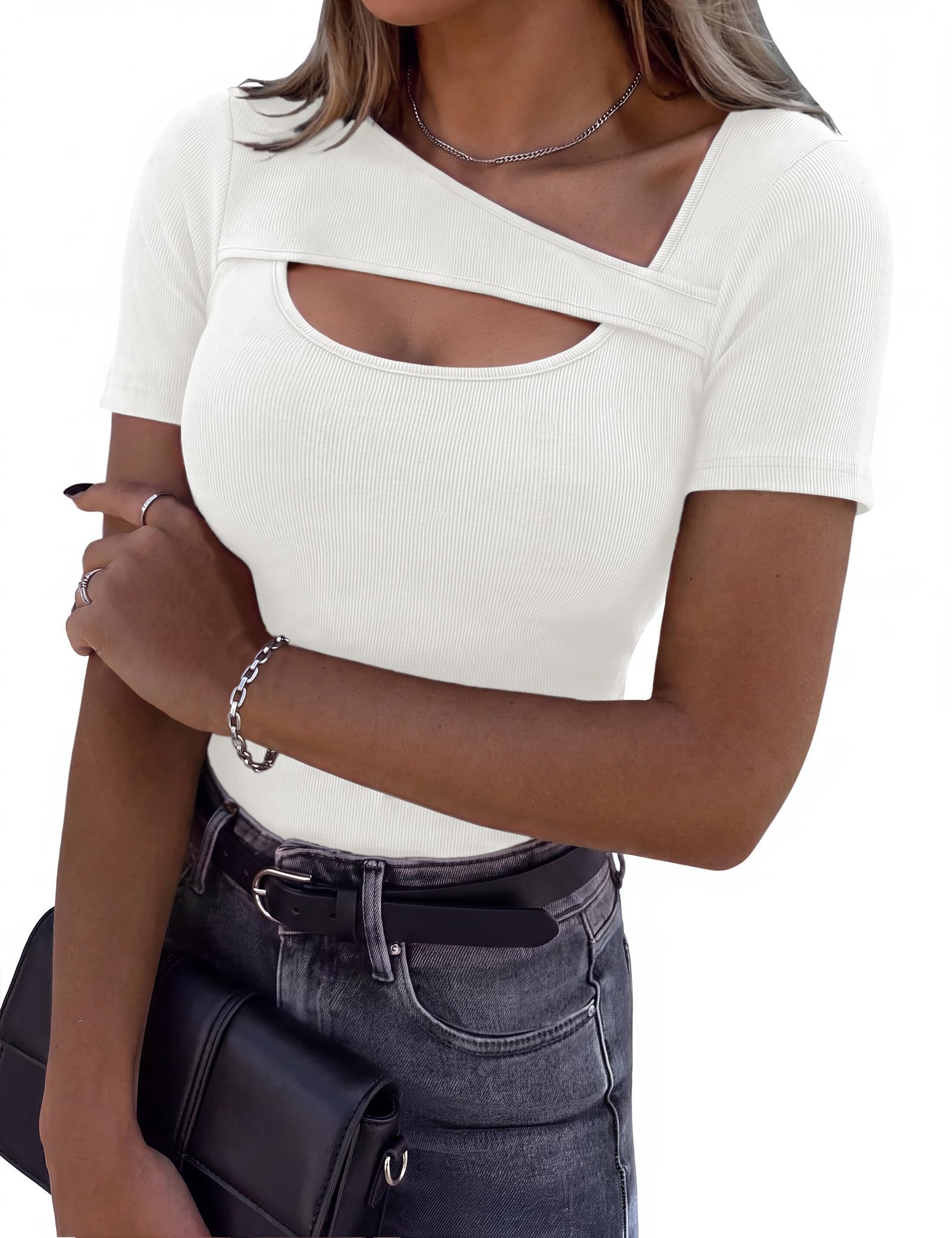 Aottori T-Shirt Damen Kurzarm Asymmetrischer Ausschnitt Slim Fit | Sommer, Oberteile, Gerippt, Basic, Elegant, Stretch, Casual, Tops, Einfarbig