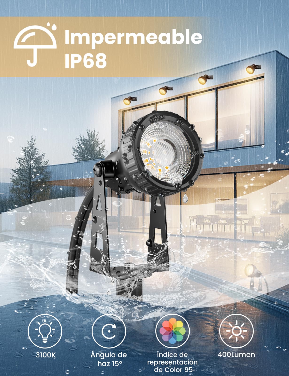 ZOTOYI Focos LED de Jardín IP68 Impermeable - 14M 4-en-1 Focos Jardin Exterior Ángulo Ajustable y Fácil Instalación, 4x400LM Lámpara para Paisaje, Árboles, Plantas, Césped, Camino y Senderos