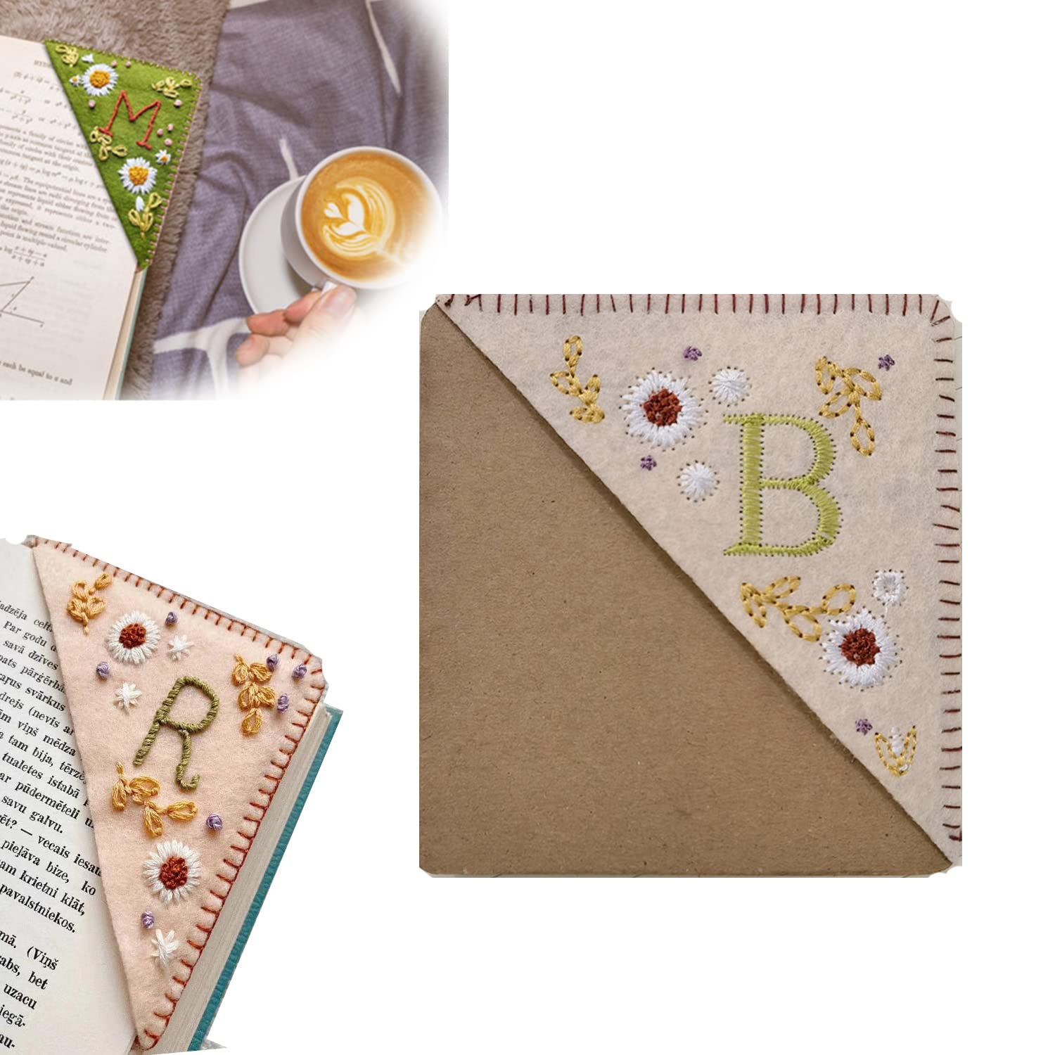 Personalized Hand Embroidered Corner Bookmark, Hand Stitched Felt Triangle Bookmark, Cute Flower Letter Embroidery Bookmarks, Page Corner Bookmark for Book Lovers(style 1,T)