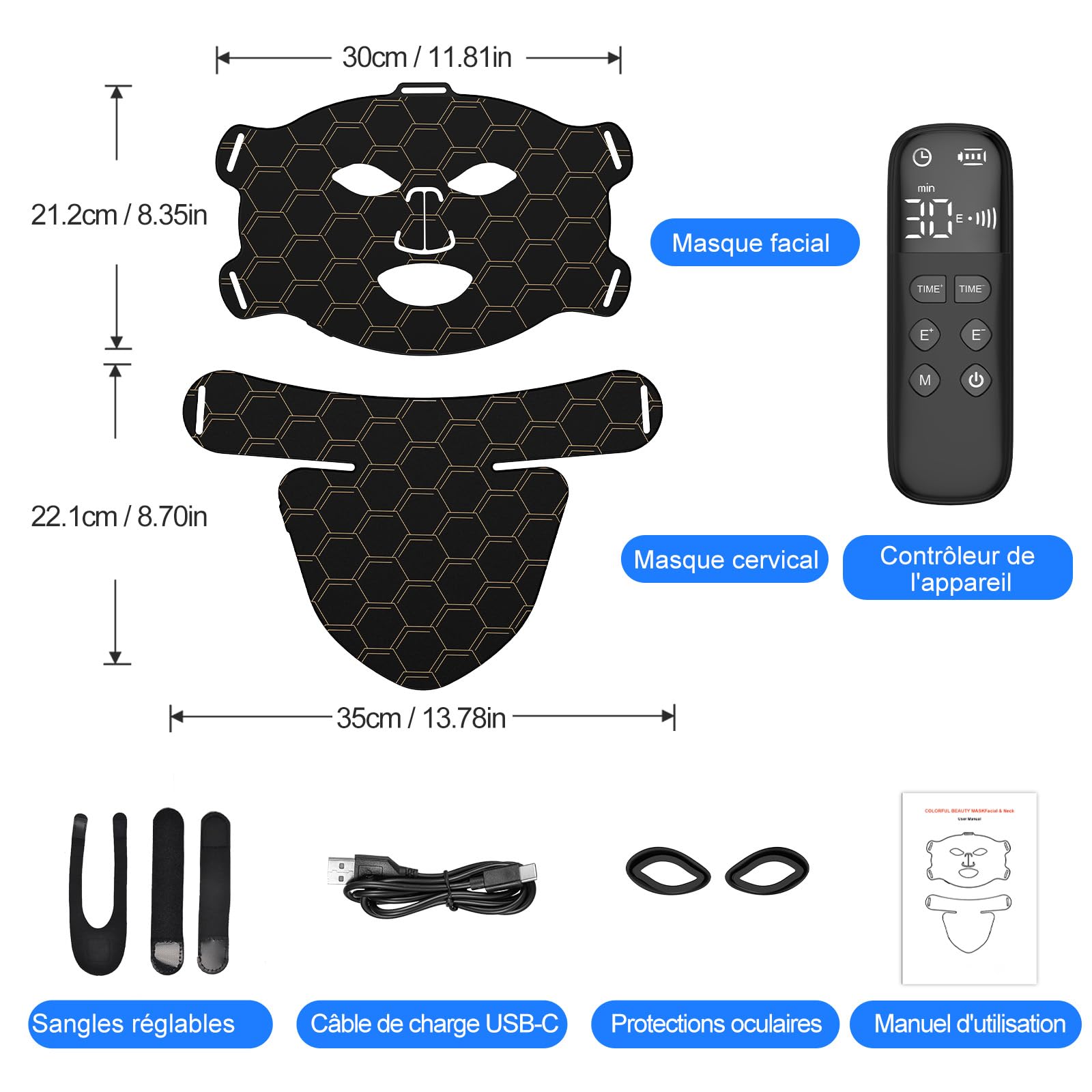 Masque LED Visage Cou 7 Couleurs 5 Luminosité Minuterie | Masque LED avec 7 couleurs, 5 niveaux de luminosité et minuterie, pour visage et cou, adapté à tous les types de peau