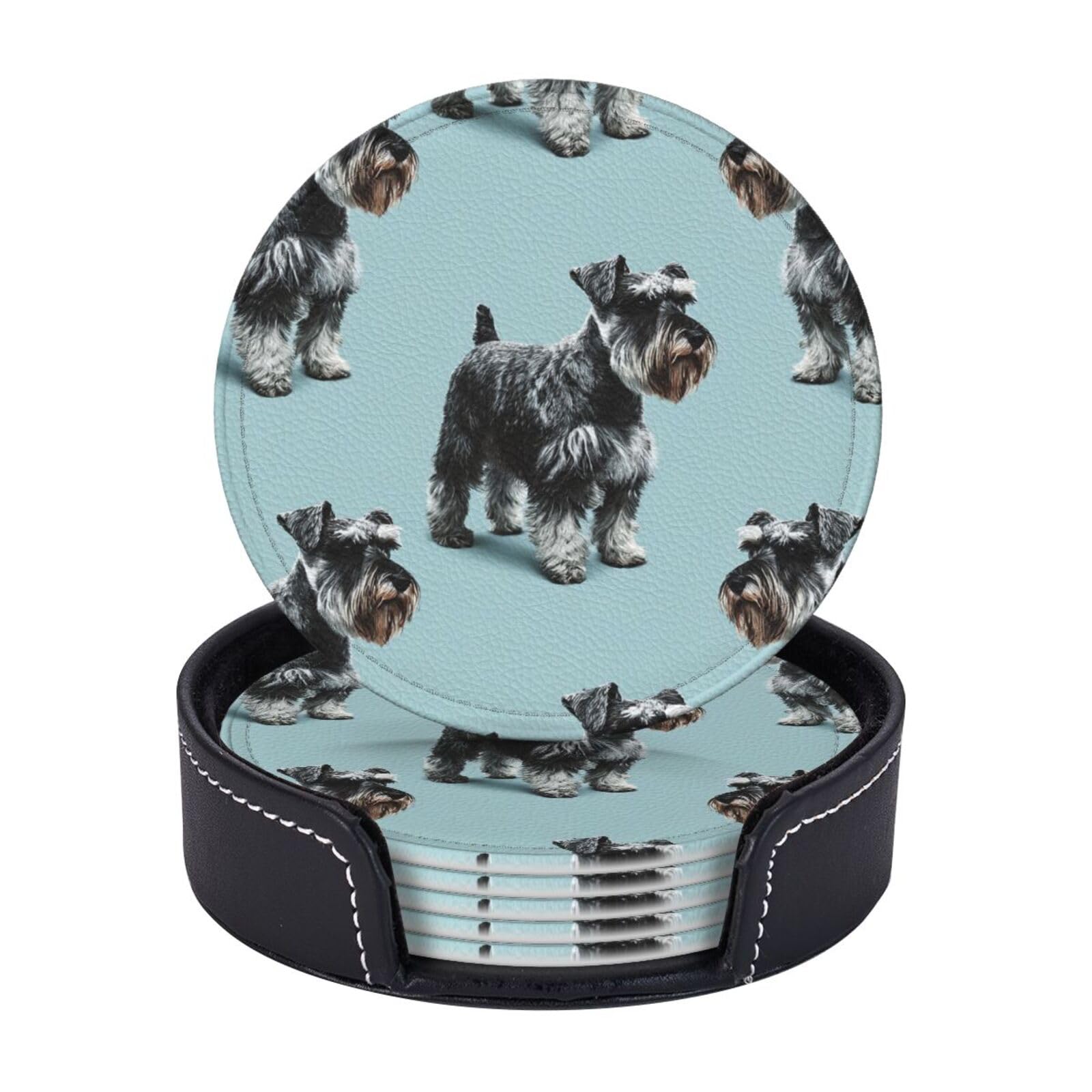 Drink Coasters Set of 6 Coffee Leather Coaster with Holder Miniature Schnauzer Coasters for Drinks Coffee Cup Mat Heat Resistant Tabletop Protection Coaster Desk Accessorie Home Decorative