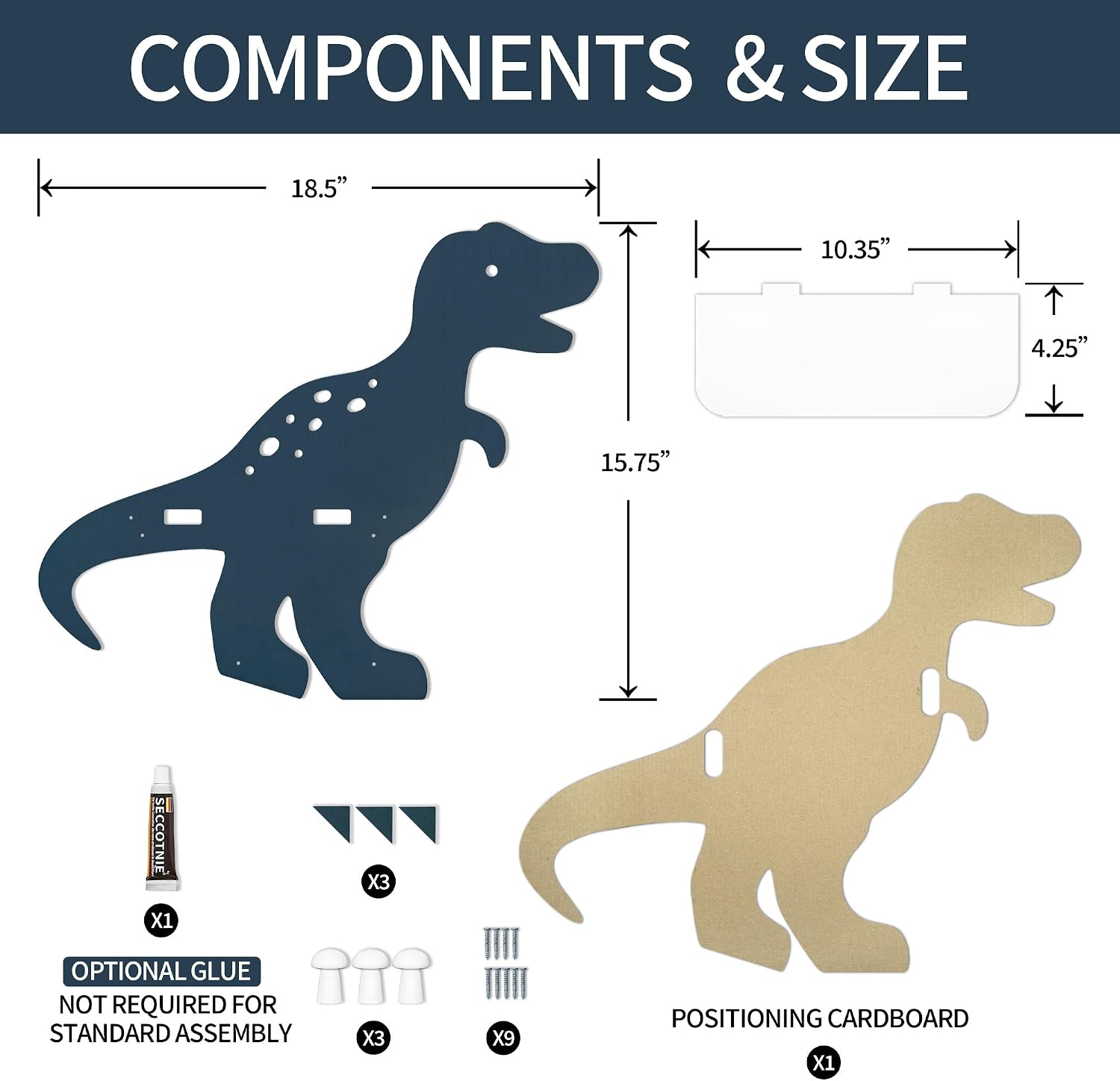 T-Rex Dinosaur Wall Decor for Boys Room, Wooden Dino Wall Shelf with Hooks image 3
