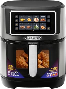 Kalorik Air Fryer VIVID TOUCH Series 7 Quart Capacity with High-Resolution Touchscreen 200 Cooking Presets in 12 Food Categories with View Window, 1500-Watts, Stainless Steel