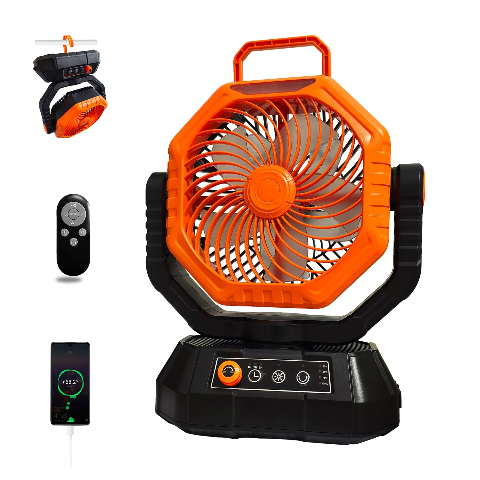 Deyuantang 20000mAh Rechargeable Camping Fan Adjustable Stepless Wind Speed, USB Personal Desk Fan with Hanging Hook,LED Light & Power Bank Perfect for Outdoor Activities,Home,Fishing,Orange