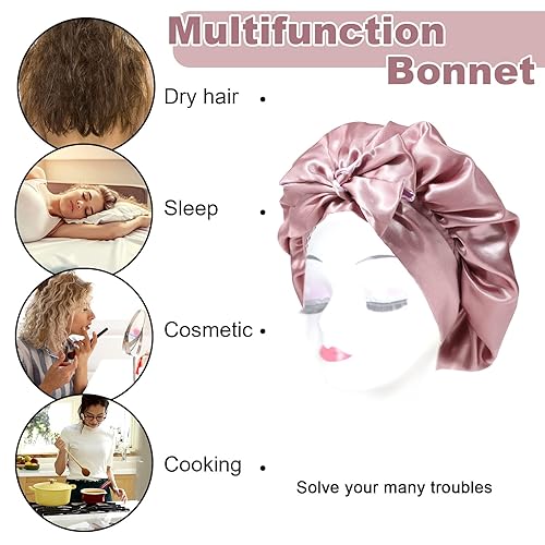 Miniatura 5 de Gorro de satén de seda para dormir, para mujer, banda elástica para cabello rizado, envoltura de cabello de seda (azul zafiro + azul claro)