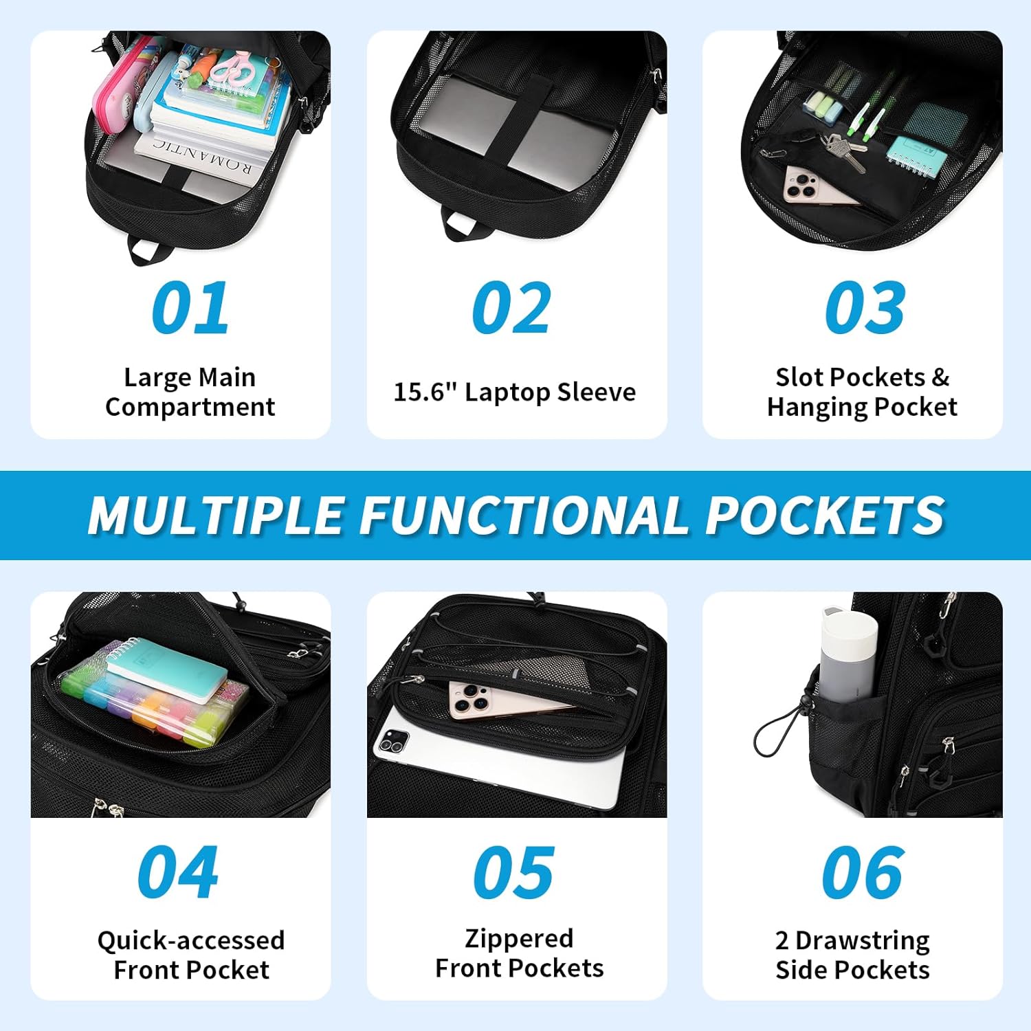 Mesh Backpack, Heavy Duty See Through Backpack Ultra-Lightweight Net Bookbag Breathable Transparent Bookbag for School Beach Sports Gym Travel, Black - Image 4