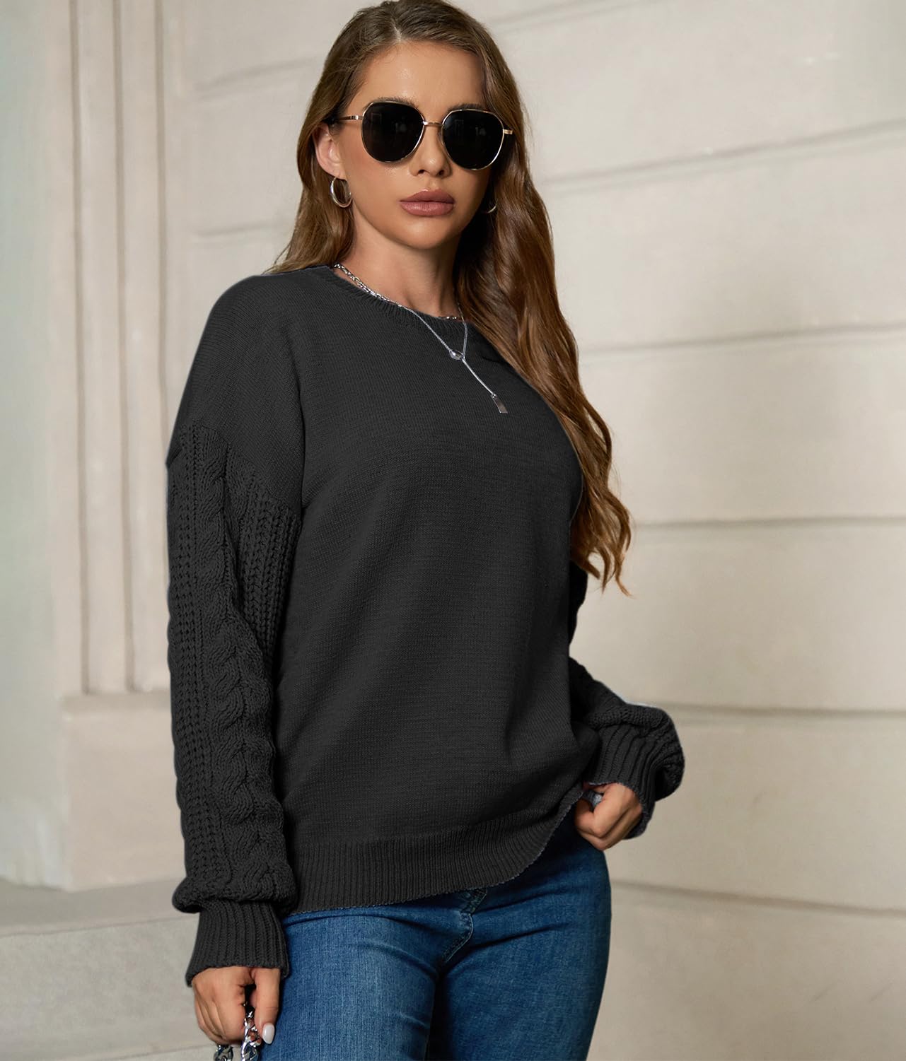 JFAN Damski zimowy sweter z okrągłym dekoltem luźny luźny sweter damski elegancki sweter