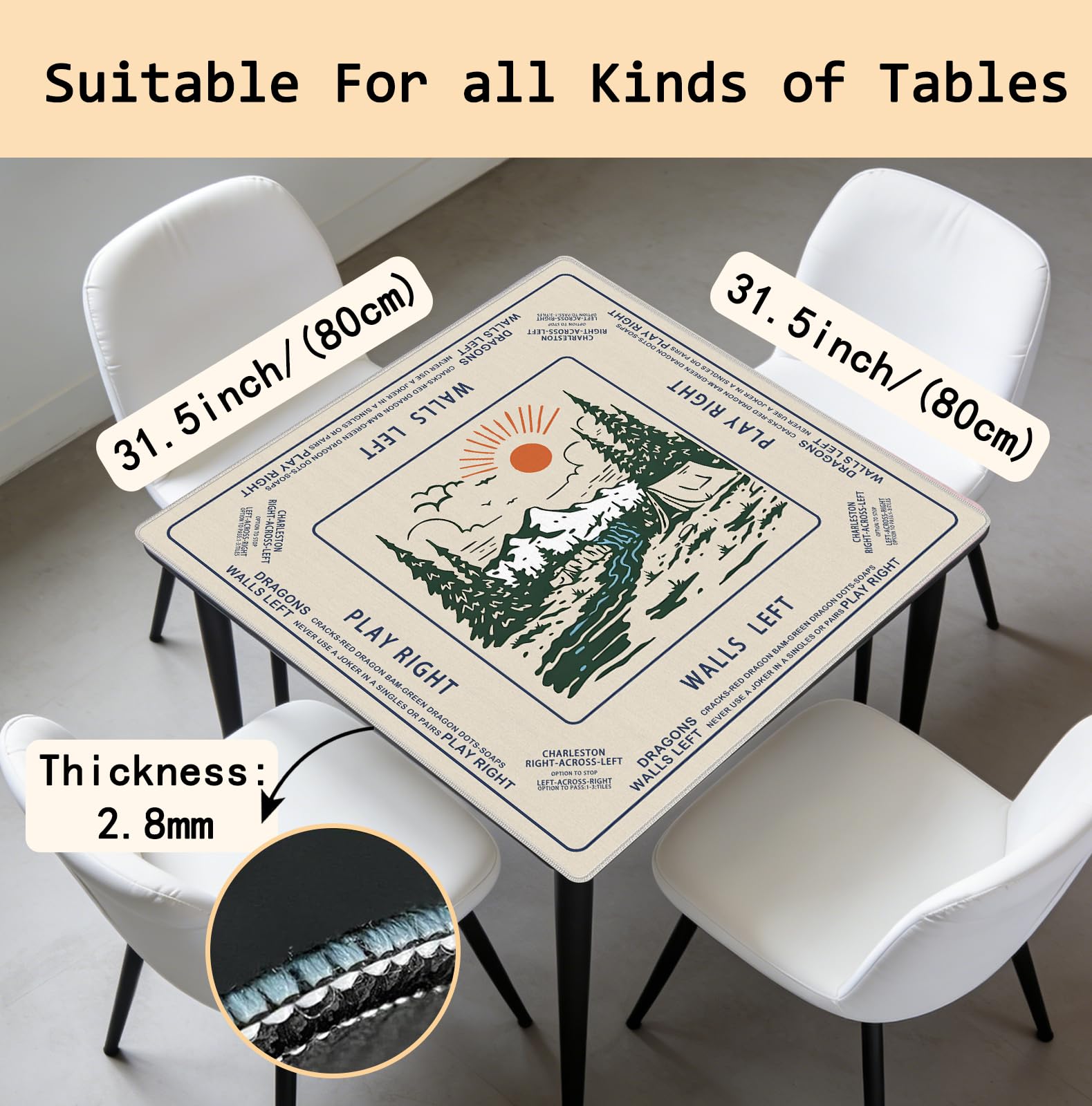 Vintage Boho Camping Mahjong Matte 80 x 80 cm Wald Berg Natur Abenteuer Camper rutschfeste Geräuschreduzierung Mahjong Tischmatte für American Mah Jong Pokerkarten Brettspiele Dominosteine
