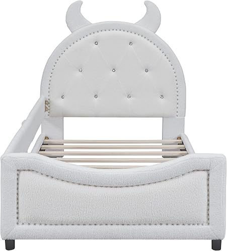 Miniatura 67 de Quarte Bonita cama de princesa tapizada de tamaño matrimonial con cabecero de corona, no requiere somier Beige/orejas de dibujos