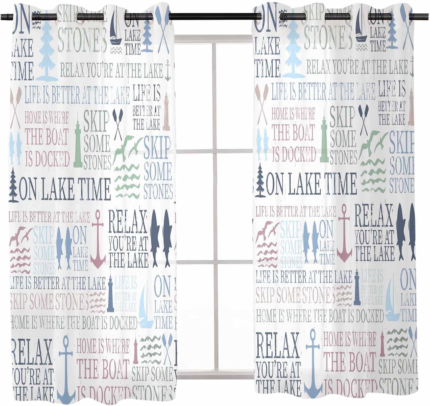 Lake Life Sheer Curtains 39 Inch Long 2 Panels, Colorful Word Pine Tree Boat Paddle Lighthouse Fish Light Filtering Semi Sheer Drapes Grommet Voile Window Curtain for Living Bedroom W27.9 x L39