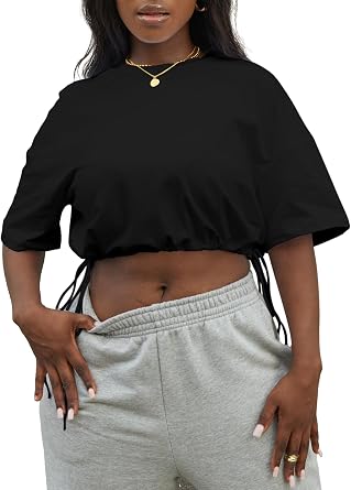 LovelyWholesale Graphic Tees for Women Drawstring Crop Tops Summer Short Sleeve T Shirts