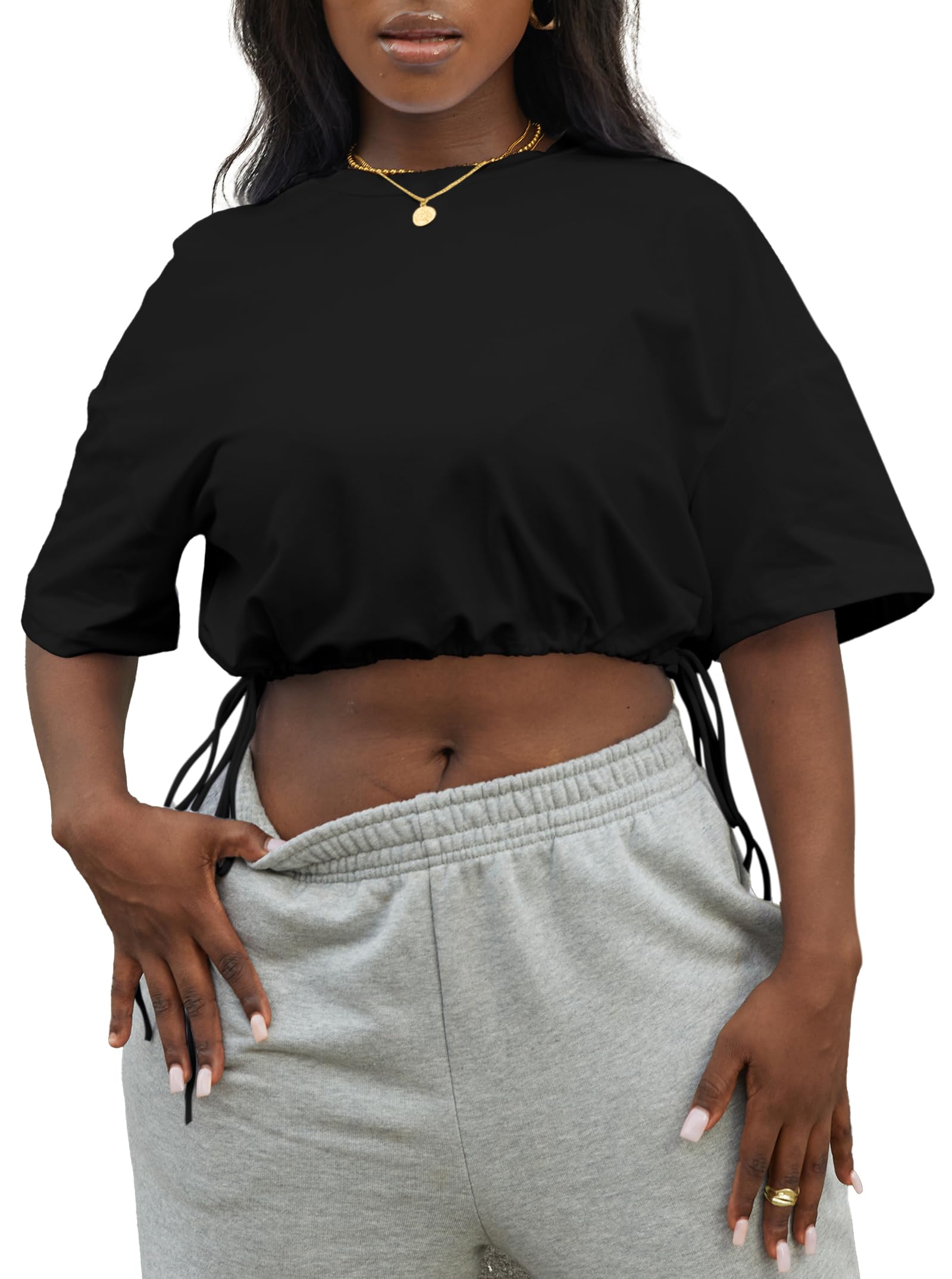 LovelyWholesale Graphic Tees for Women Drawstring Crop Tops Summer Short Sleeve T Shirts