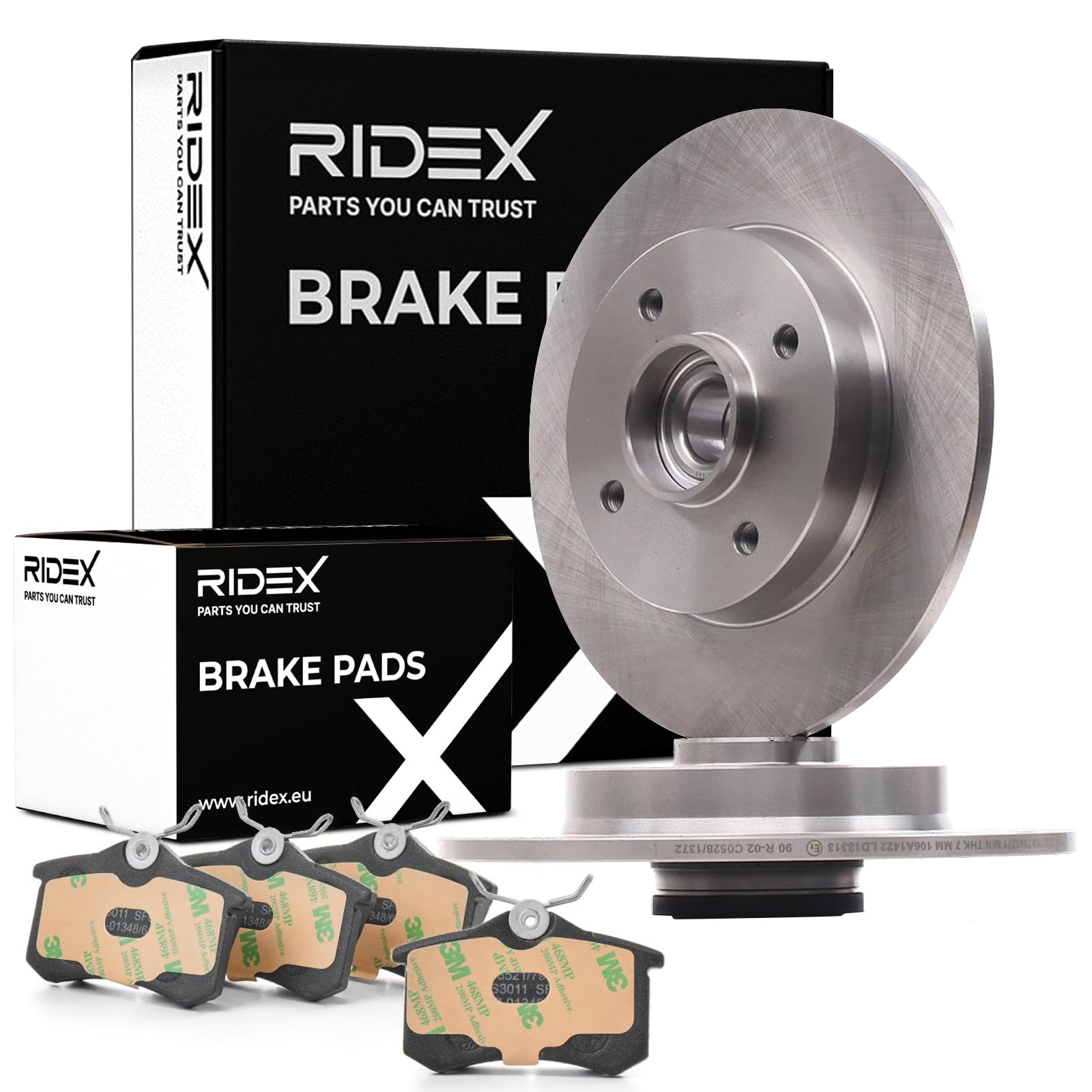 RIDEX 3405B1132 Juego para eje Kit de discos de freno y pastillas Trasero con accesorios con muelle con anillo sensor magnético incorporado con cojinete rueda Compatible con PEUGEOT