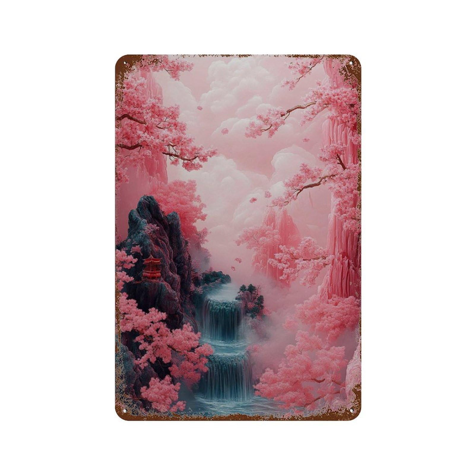 xiaoxiaoshen Cherry Blossom Waterfall Pink Japanese Landscape Tranquil Nature Bedroom Or Livi Wall Decor Art Metal Tin Poster Modern Home Decor Art Home Bar Shop Decorations Vintage Sign 30x20cm