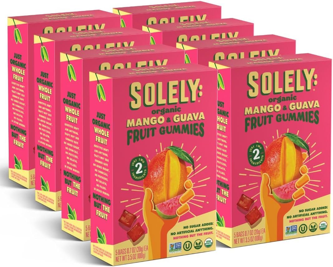 SOLELY - Organic Mango & Guava Whole Fruit Gummies (Pack of 8 Boxes, 5 Bags per Box) - Real Fresh Fruit - Healthy Snacks for Adults & Kids - Non GMO, Vegan Snacks, Shelf Stable - 40 Bags (3.5 oz)