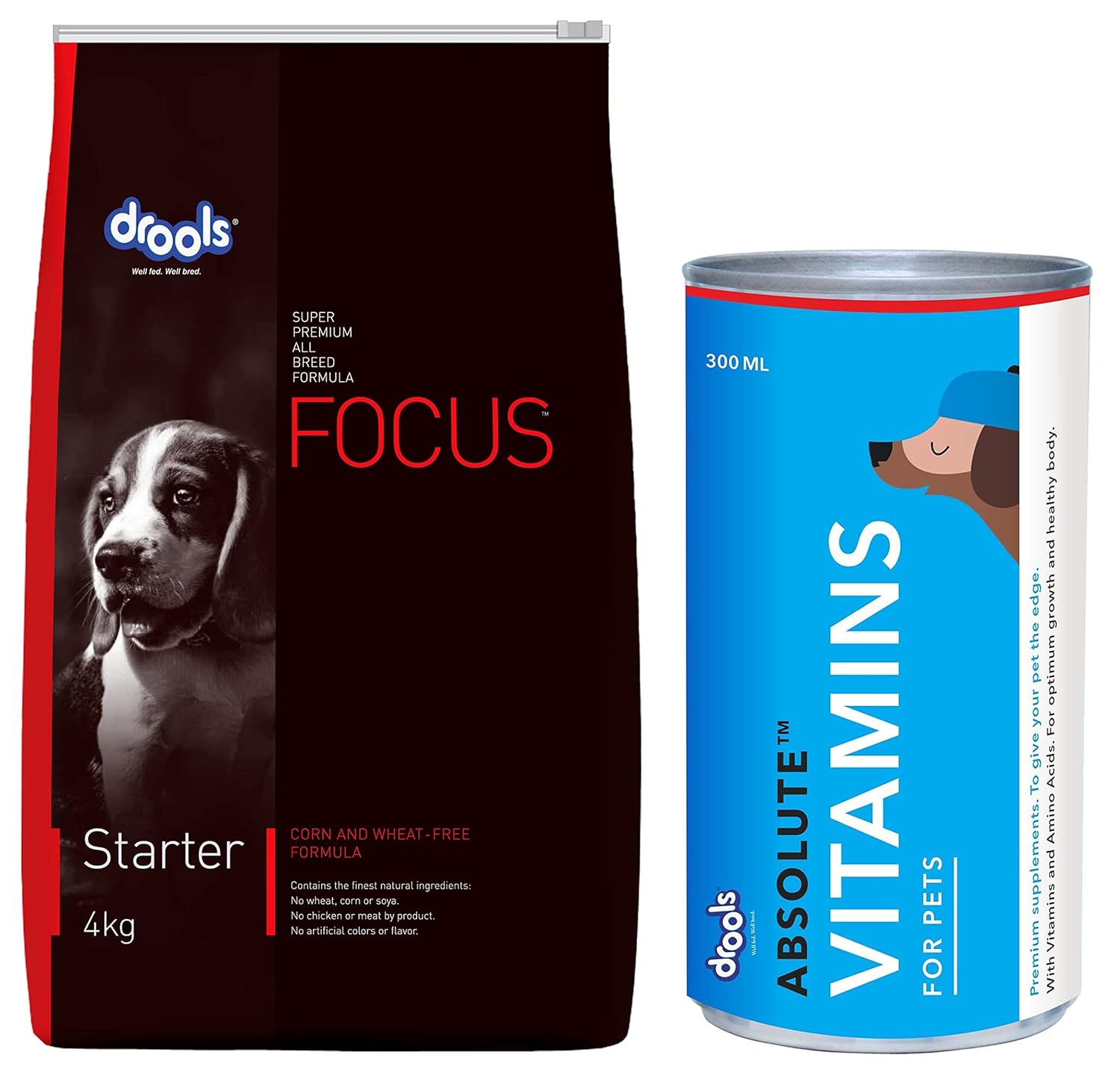 Drools Focus Starter Super Premium Dog Food, 4kg&Drools Absolute