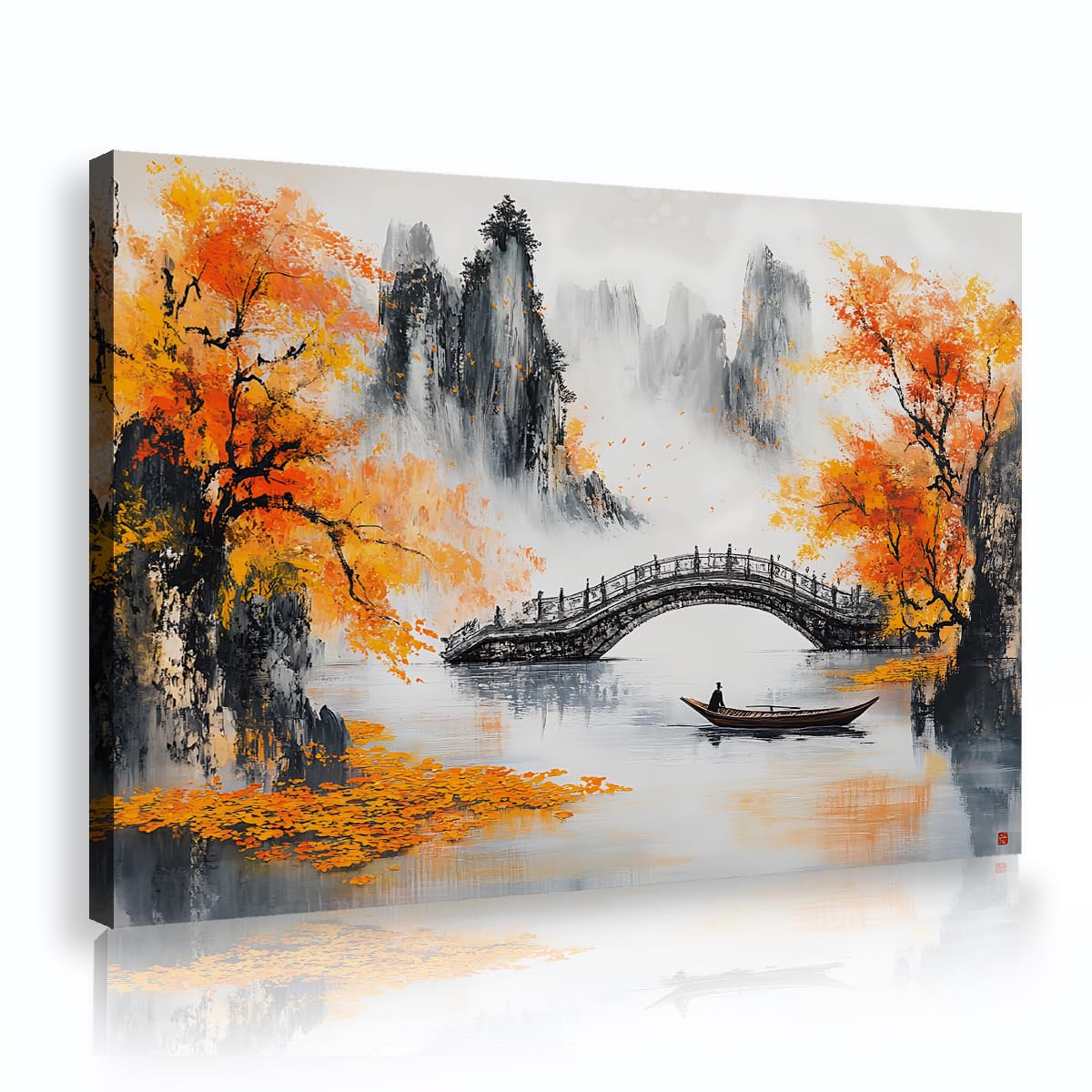 Via Vela Zen Watercolor Canvas Wall Art Oriental Nature Painting Traditional Wooden Bridge Boat Picture Abstract Autumn Forest Artwork for Living Room Dining Decor 70x110cm