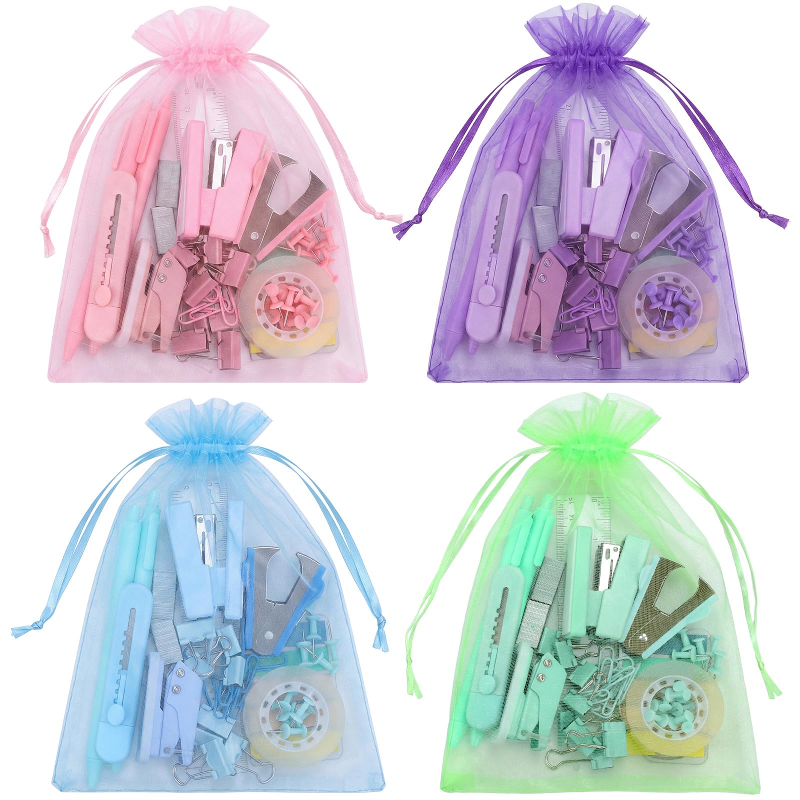 Dunzoom Lot de 56 mini fournitures de bureau pastel prêtes à offrir avec sacs individuels en organza, mini agrafeuse, perforatrice, ruban adhésif, stylos, pinces pour enseignants, collègues