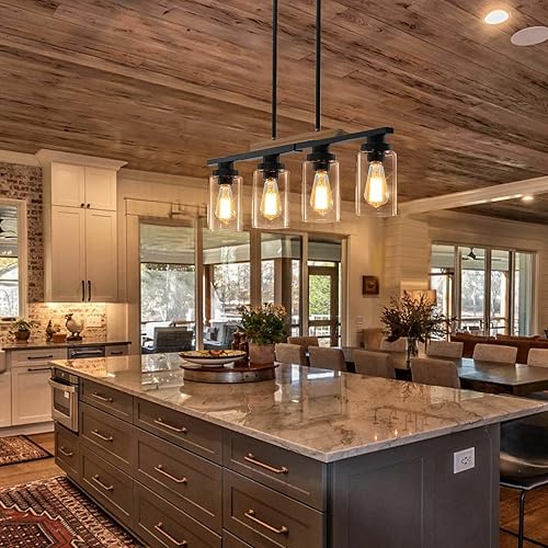 Miniatura 7 de Lámpara de comedor sobre mesa, iluminación de isla de cocina de 4 luces, modernos candelabros de madera para comedor con altura ajustable, luces